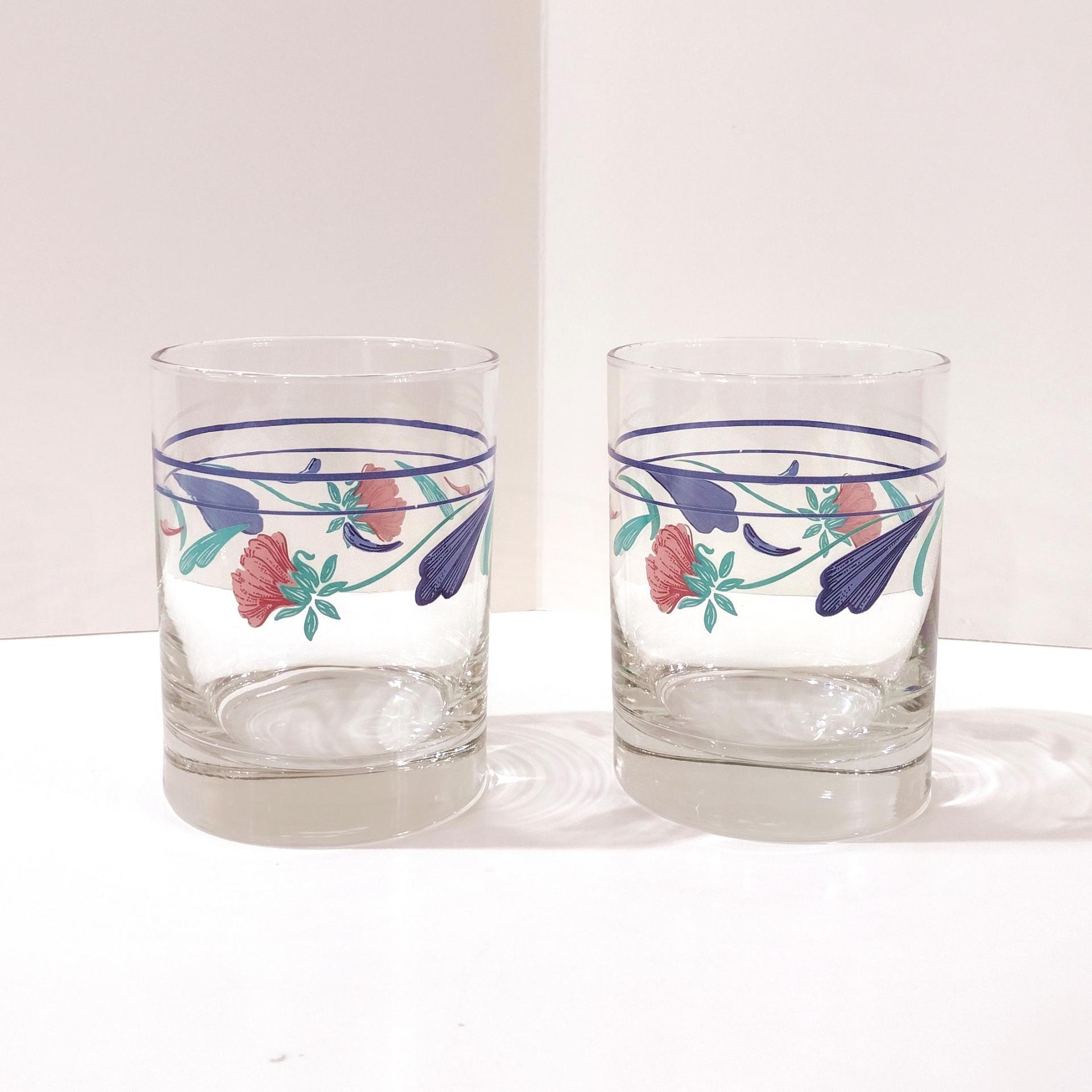 Vintage Lenox Poppies on Blue Double Old Fashioned Glasses, Set of Two, Vintage Whiskey Lowball Rocks Glasses
