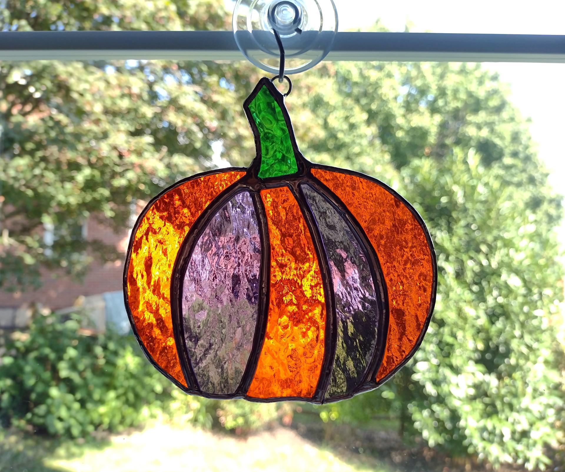 Pumpkin Stained Glass Suncatcher, Orange and Purple Cathedral Glass