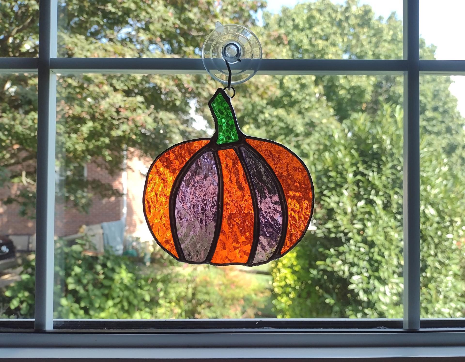 Pumpkin Stained Glass Suncatcher, Orange and Purple Cathedral Glass