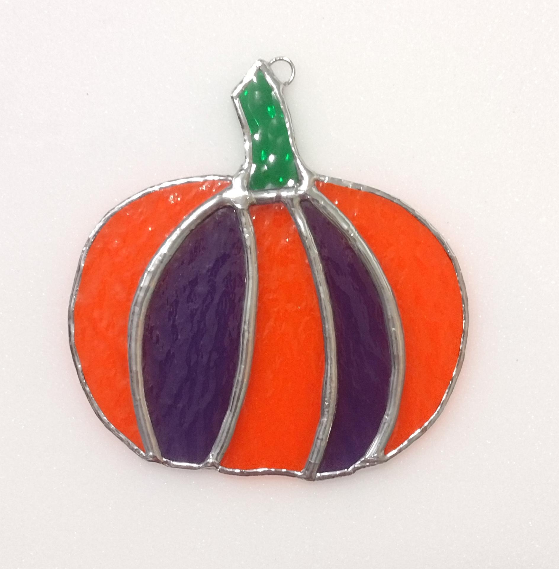 Pumpkin Stained Glass Suncatcher, Orange and Purple Cathedral Glass