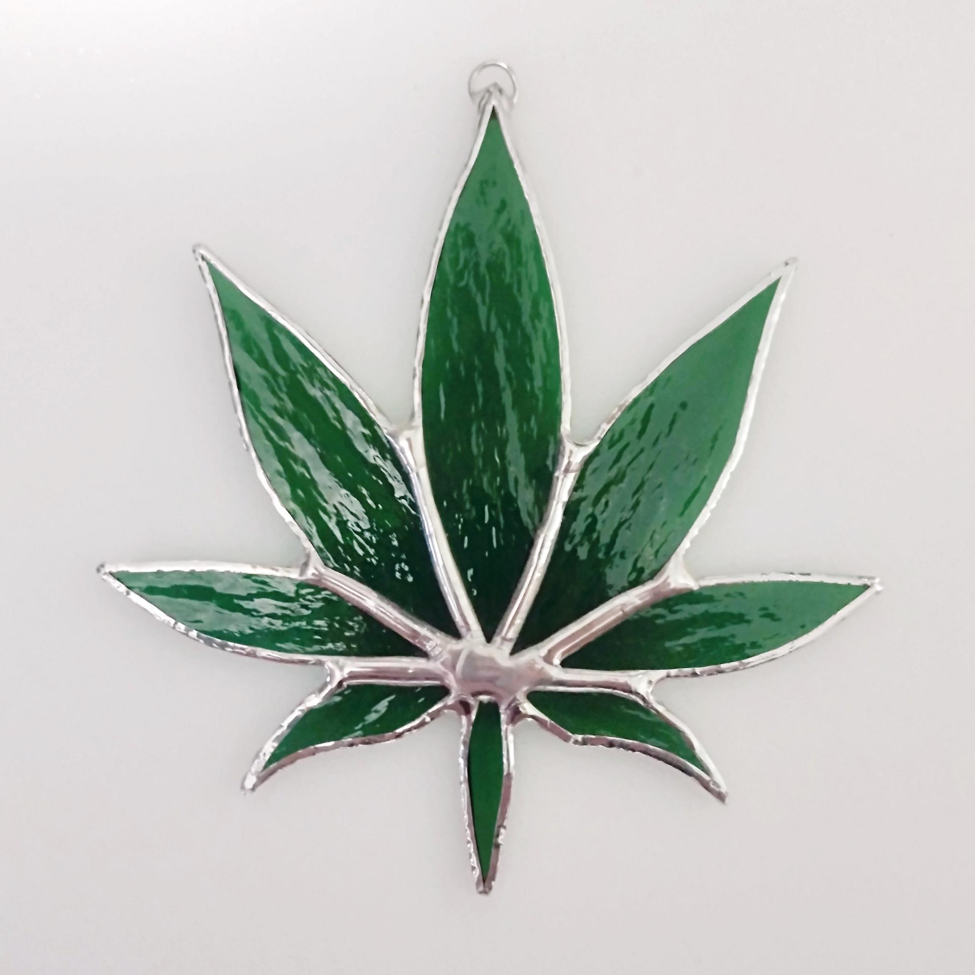Stained Glass Marijuana Pot Leaf Suncatcher, Green Glass Leaf Window Decoration