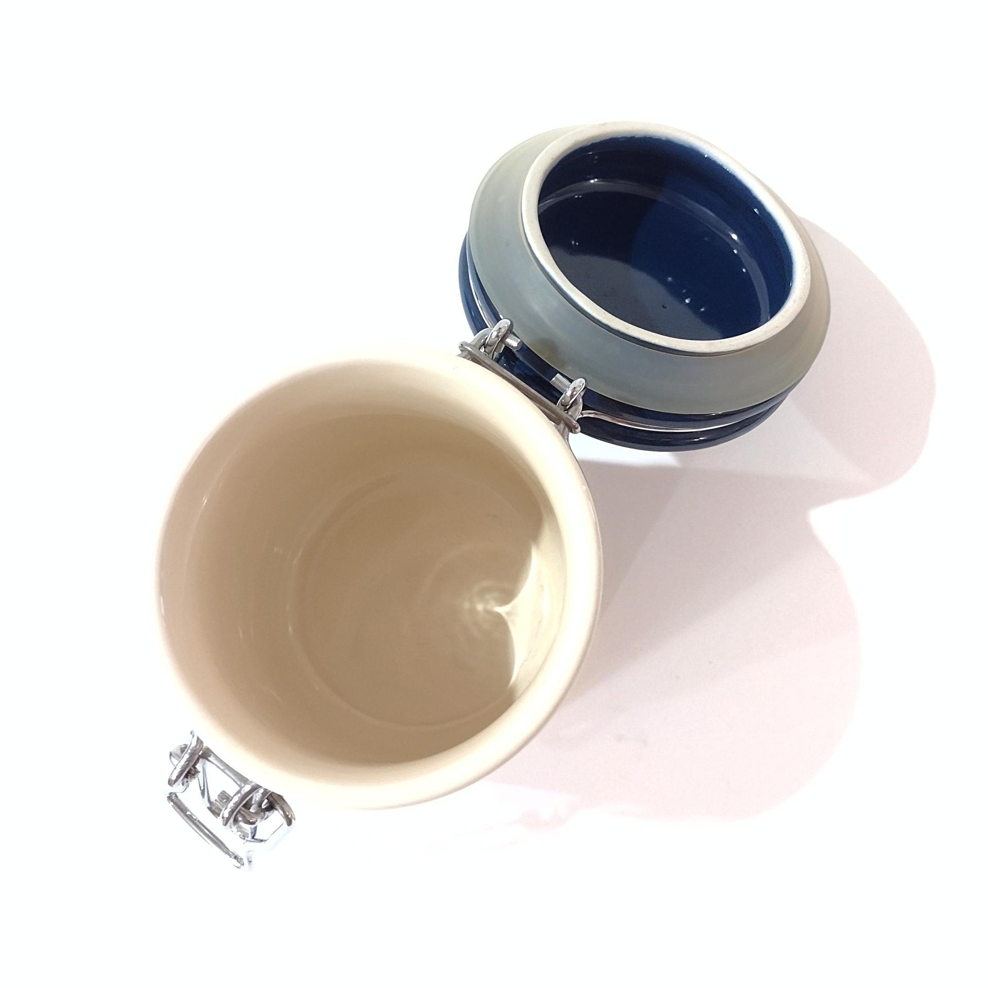 Vintage Blue and White Ceramic Jar Canister with Metal Wire Clamp Lid, Potpourri Press Kitchen Storage Canister