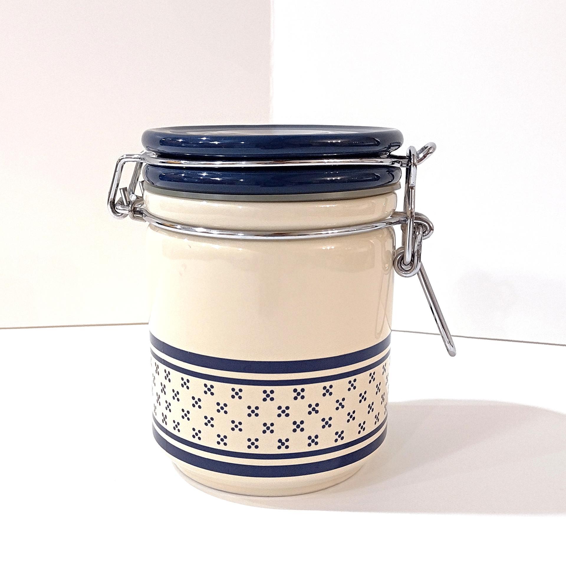 Vintage Blue and White Ceramic Jar Canister with Metal Wire Clamp Lid, Potpourri Press Kitchen Storage Canister