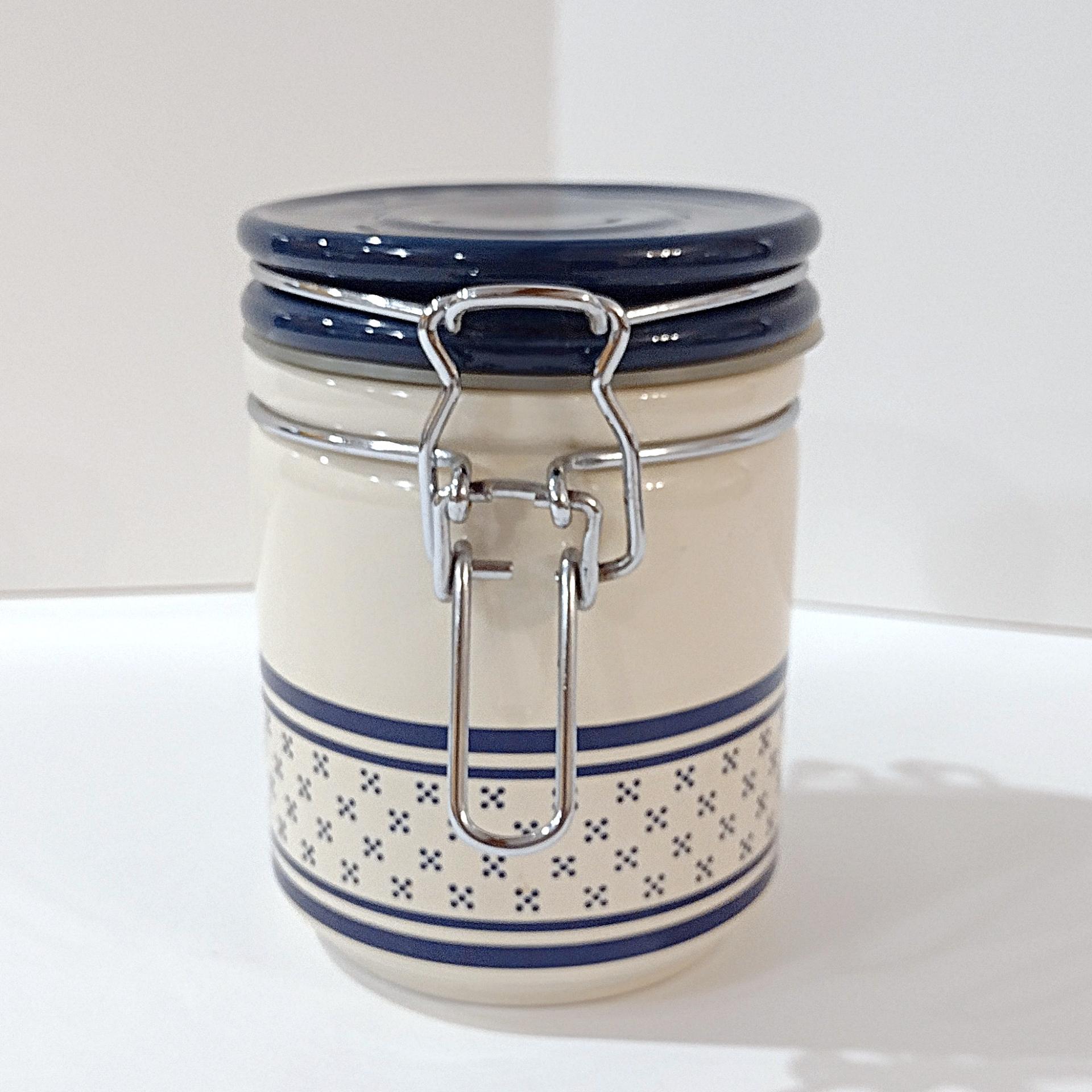 Vintage Blue and White Ceramic Jar Canister with Metal Wire Clamp Lid, Potpourri Press Kitchen Storage Canister