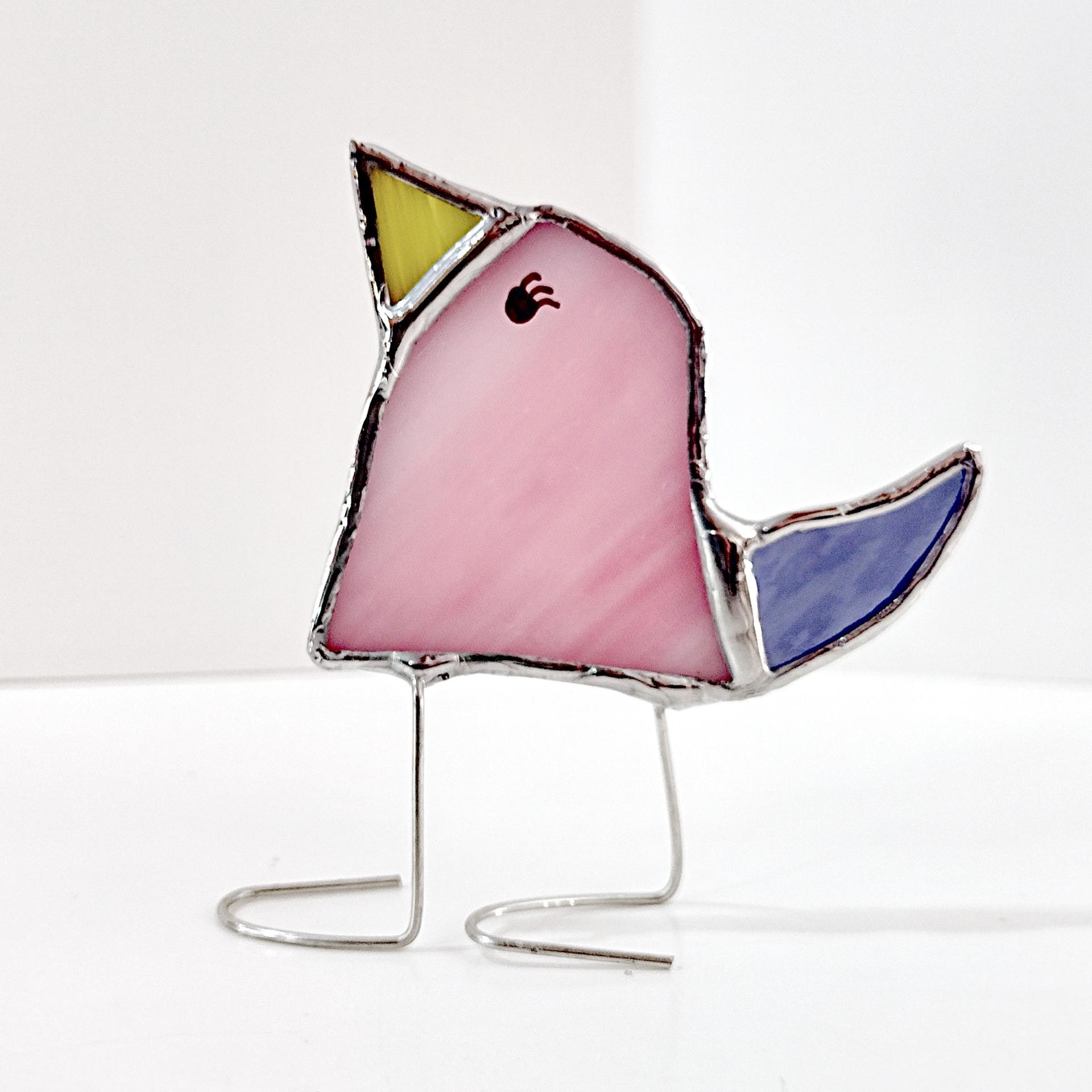Stained Glass Standing Bird, Funky Glass Bird, Pink and Purple Bird Suncatcher, Windowsill Decor Free Standing Bird