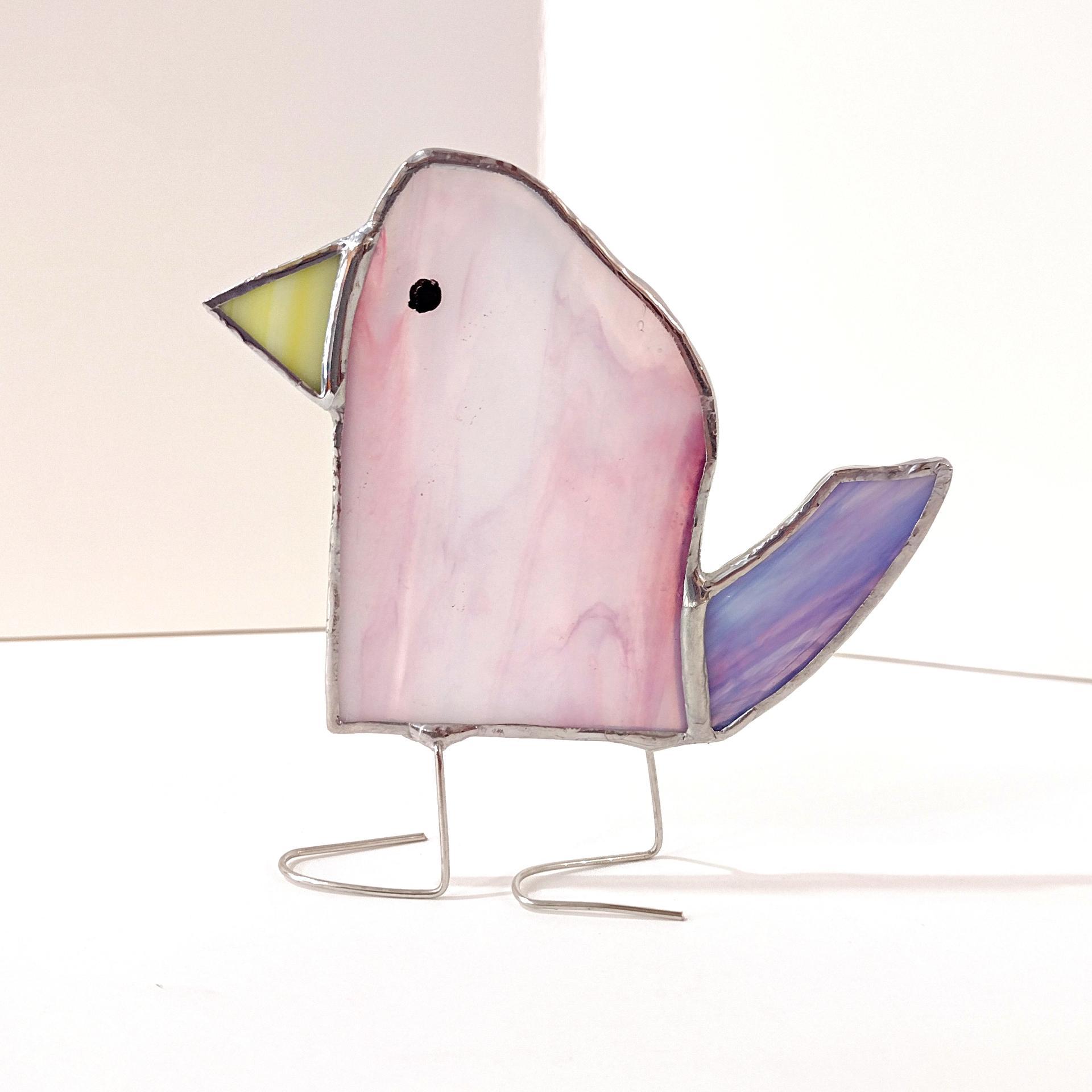 Stained Glass Standing Bird, Funky Glass Bird, Pink and Purple Bird Suncatcher, Windowsill Sitter Free Standing Bird