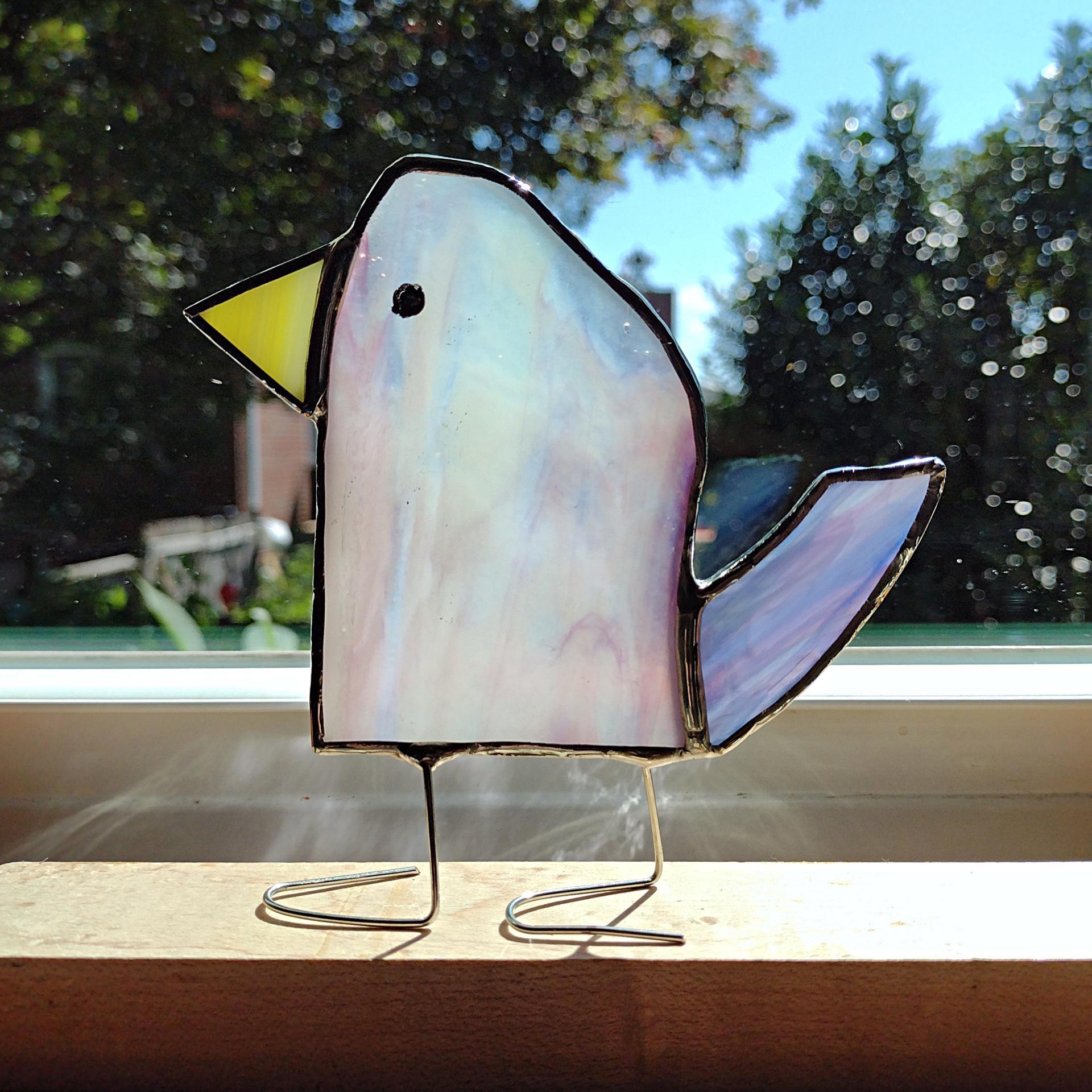 Stained Glass Standing Bird, Funky Glass Bird, Pink and Purple Bird Suncatcher, Windowsill Sitter Free Standing Bird