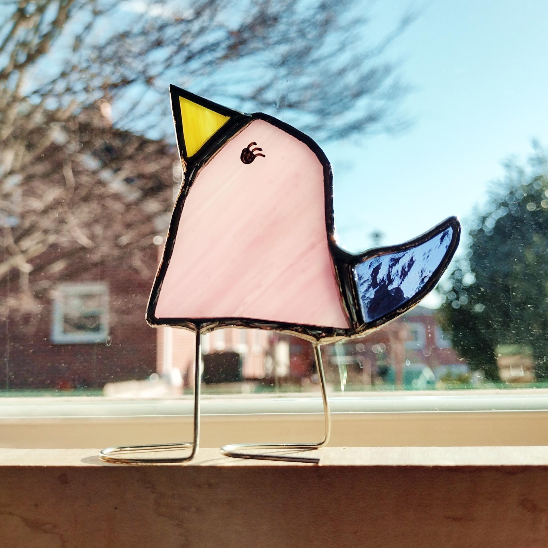Stained Glass Standing Bird, Funky Glass Bird, Pink and Purple Bird Suncatcher, Windowsill Decor Free Standing Bird