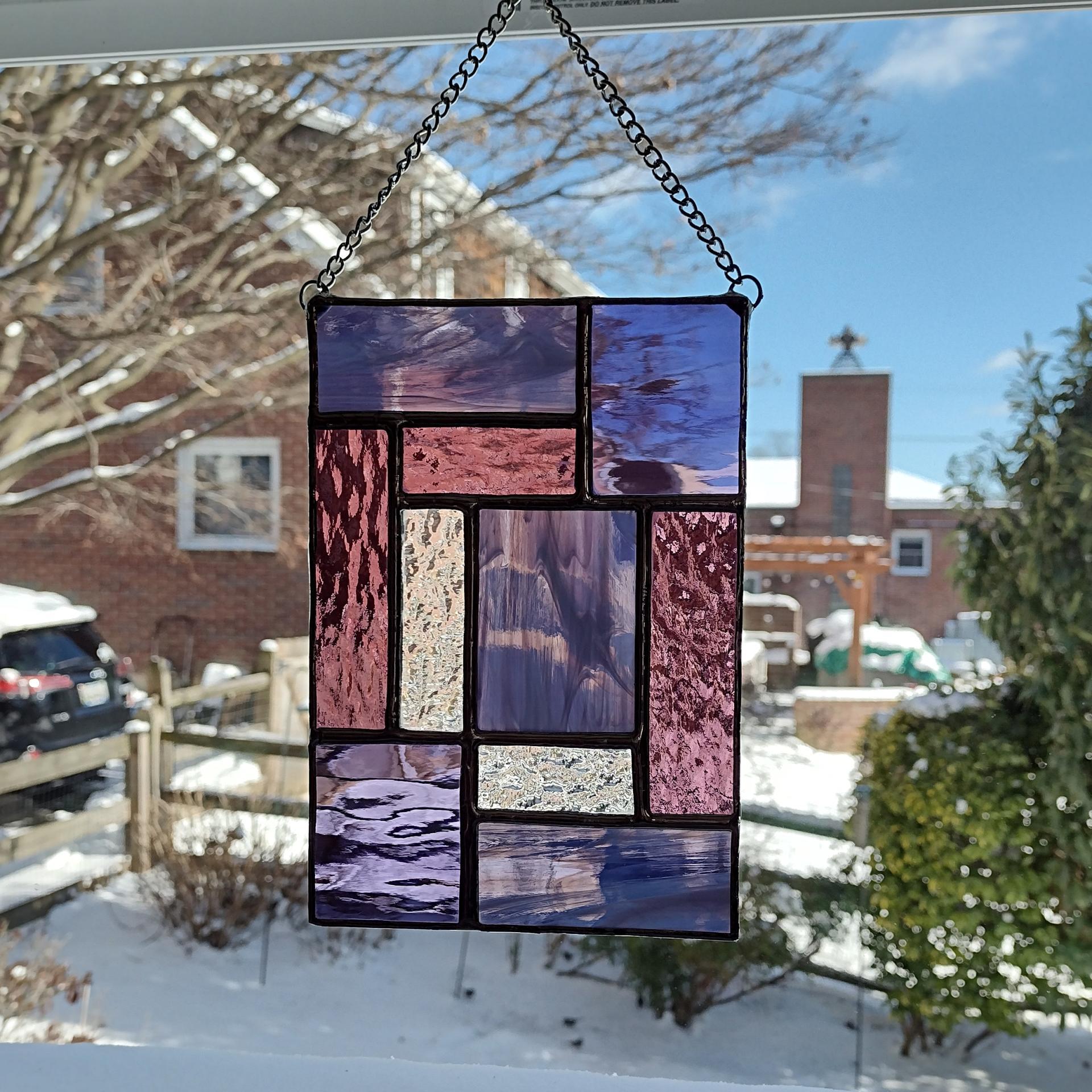 Purple and Pink Geometric Stained Glass Panel Suncatcher, Mondrian Suncatcher