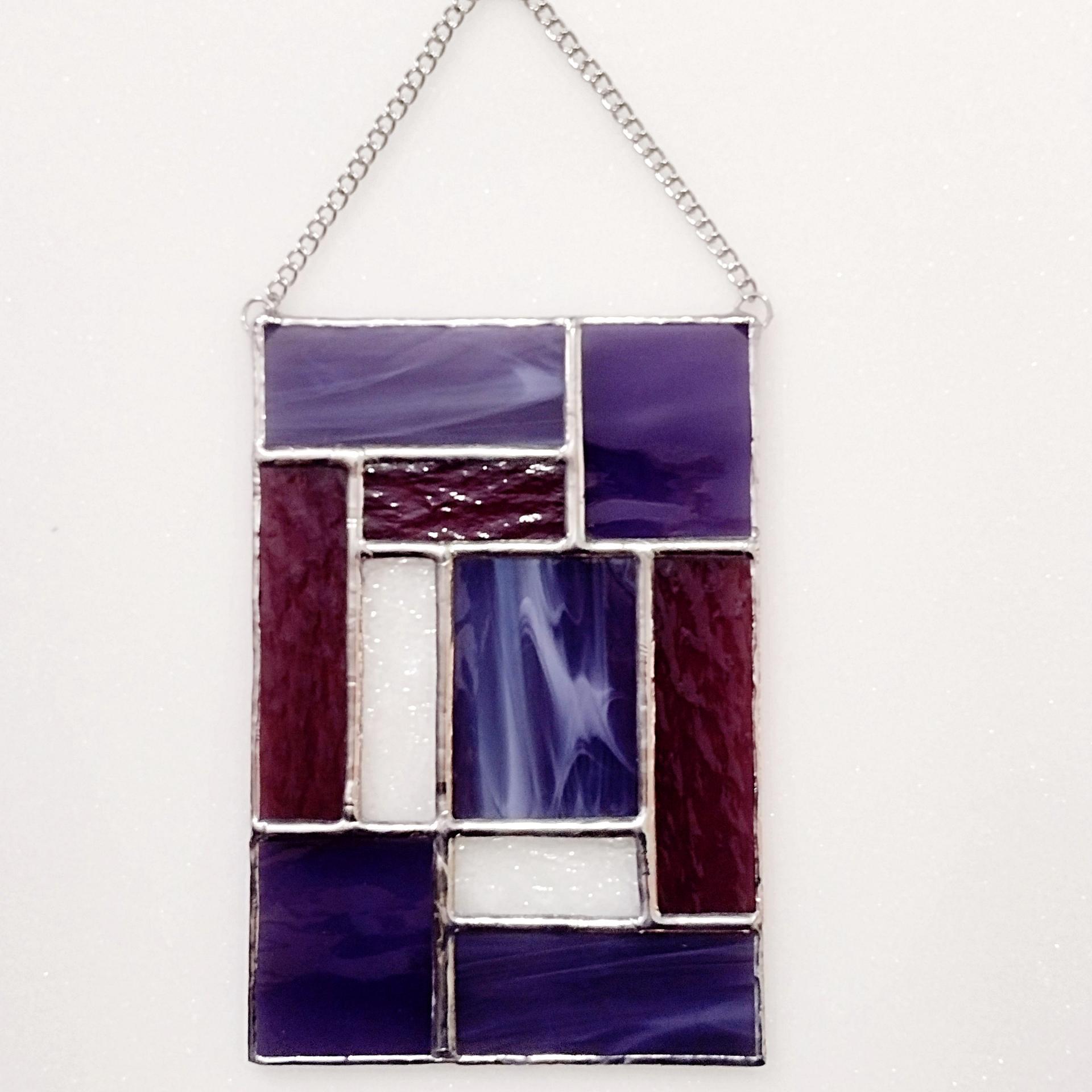 Purple and Pink Geometric Stained Glass Panel Suncatcher, Mondrian Suncatcher