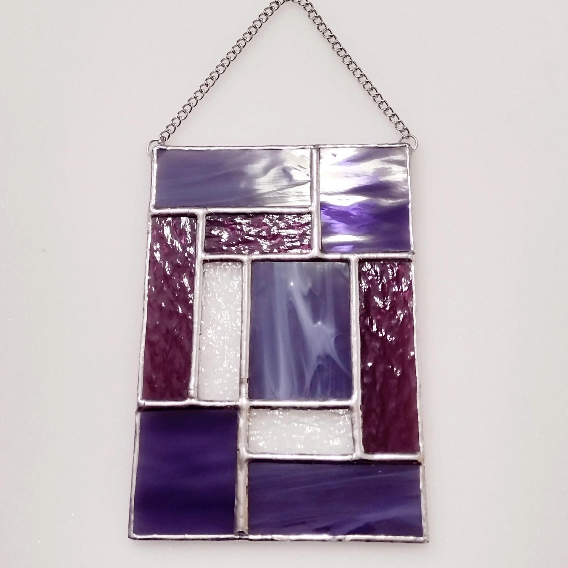 Purple and Pink Geometric Stained Glass Panel Suncatcher, Mondrian Suncatcher