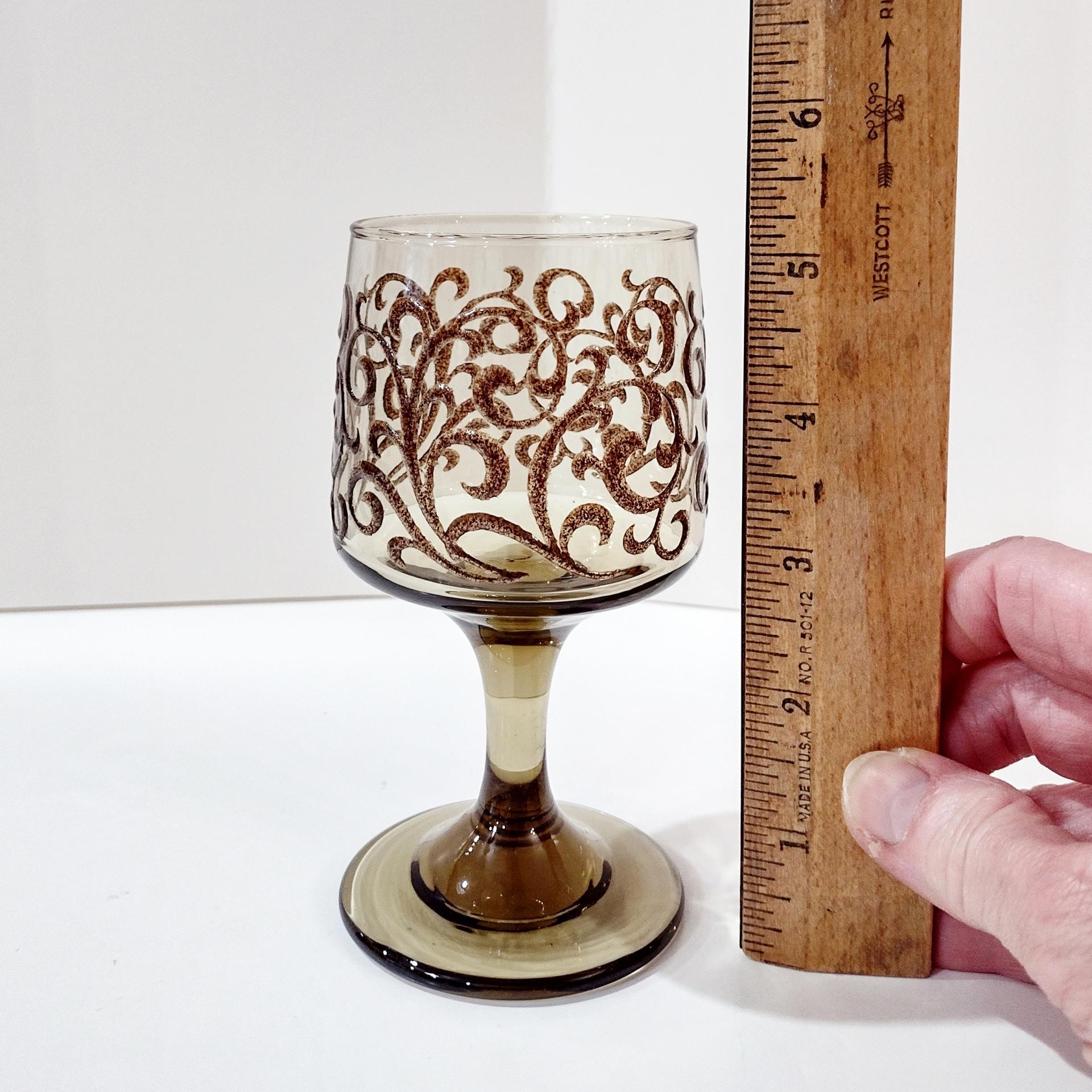 Vintage Libbey Prado Tawny Brown Scroll Wine Glasses, Set of Four