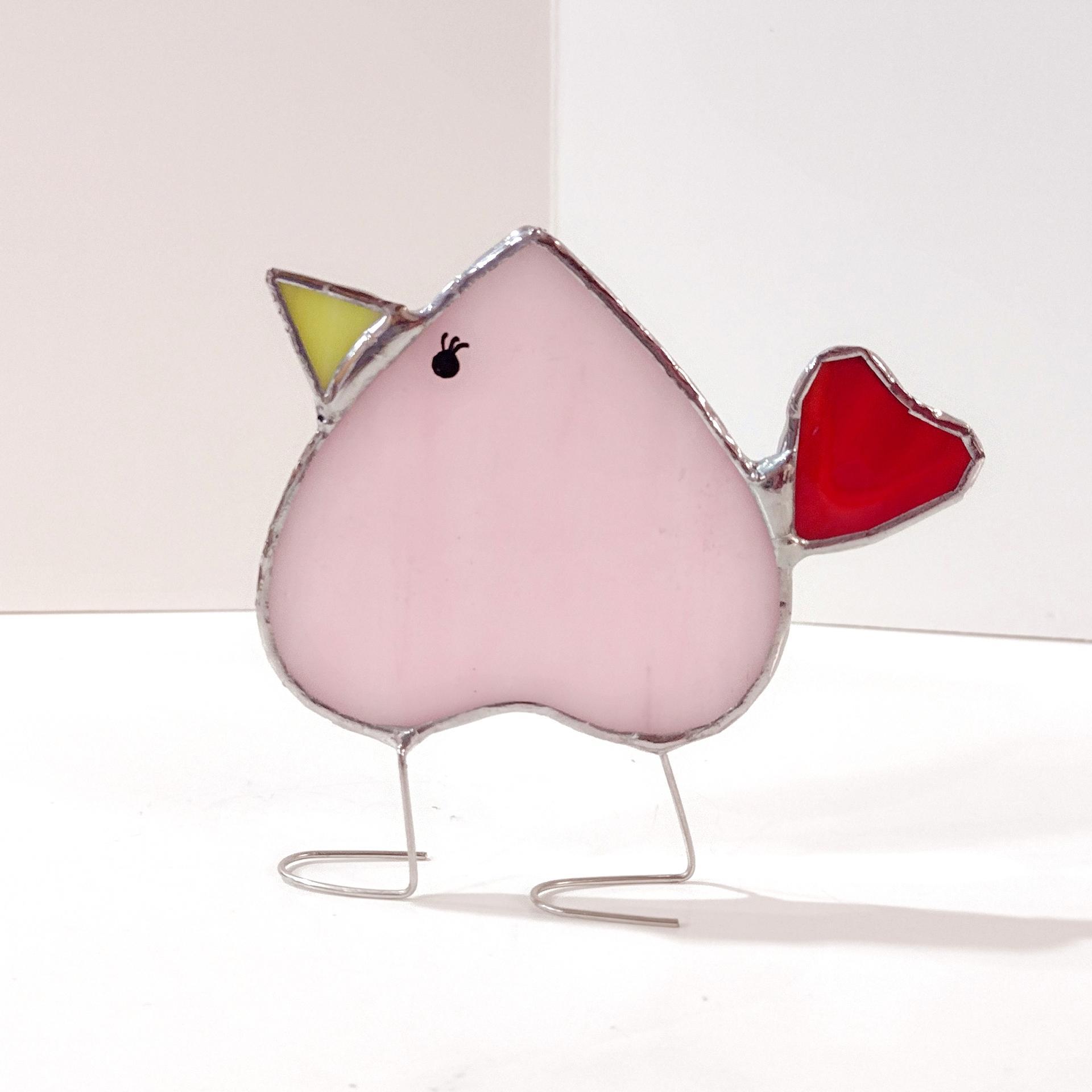 Stained Glass Love Bird Standing Bird, Pink and Red Heart Shaped Bird Suncatcher, Windowsill Free Standing Bird, Valentines Day Gift