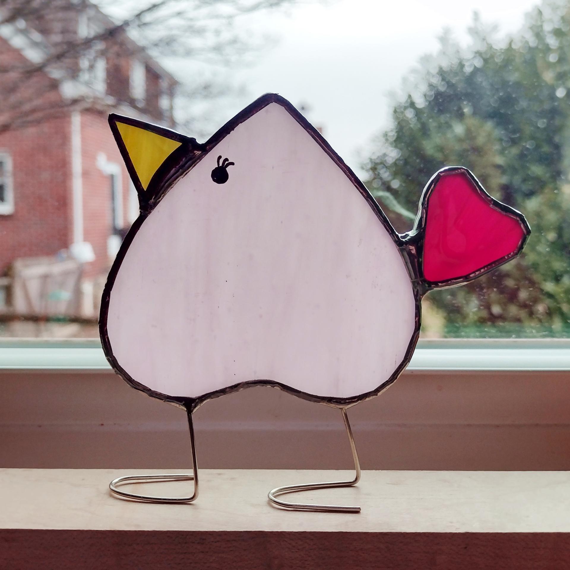 Stained Glass Love Bird Standing Bird, Pink and Red Heart Shaped Bird Suncatcher, Windowsill Free Standing Bird, Valentines Day Gift