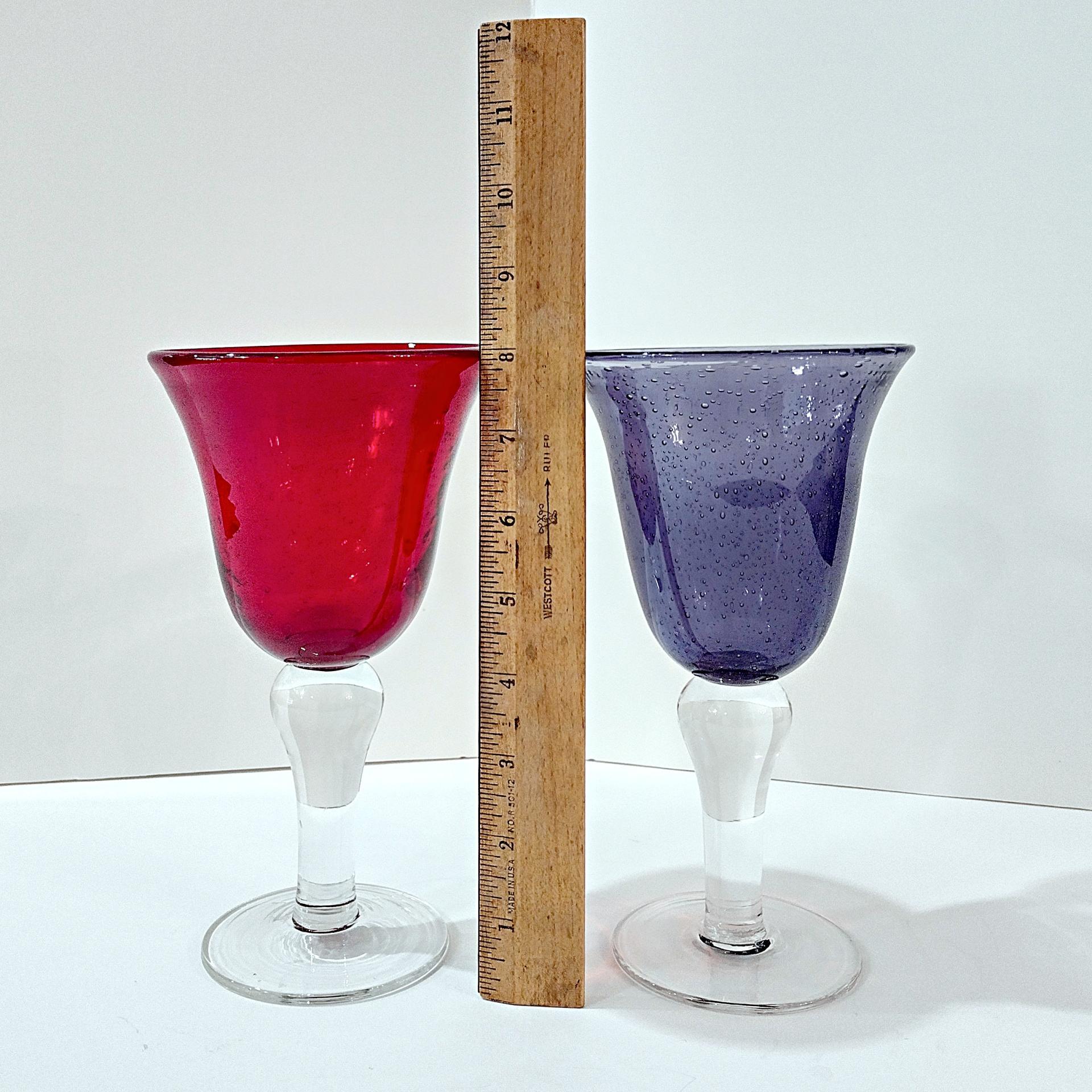 Vintage Hand Blown Red and Purple Bubble Glass Wine Water Goblets, Set of 2