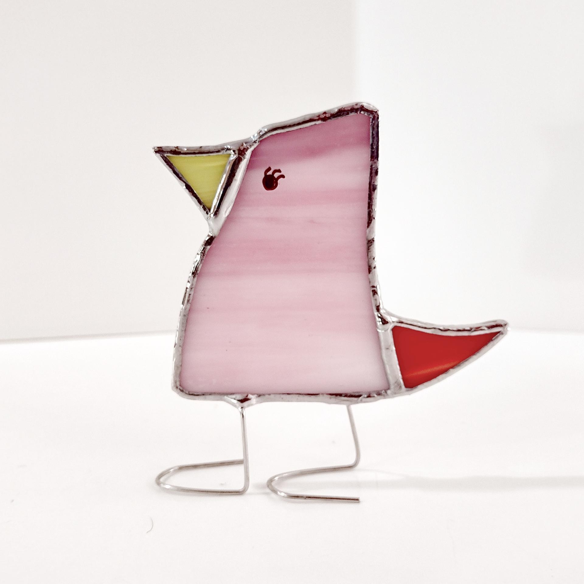 Stained Glass Standing Bird, Funky Glass Bird, Pink and Red Bird Suncatcher, Windowsill Free Standing Bird