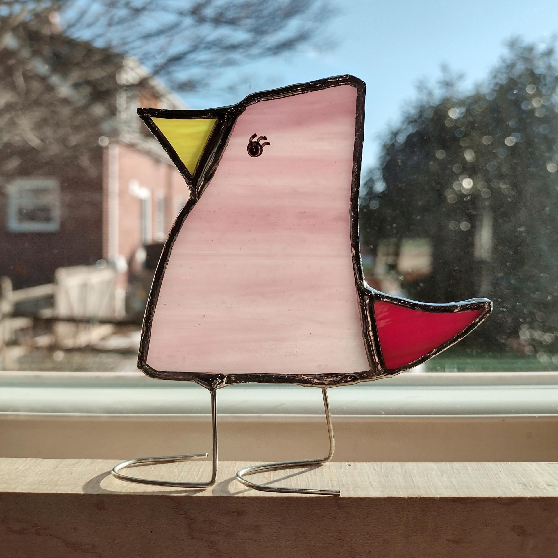 Stained Glass Standing Bird, Funky Glass Bird, Pink and Red Bird Suncatcher, Windowsill Free Standing Bird