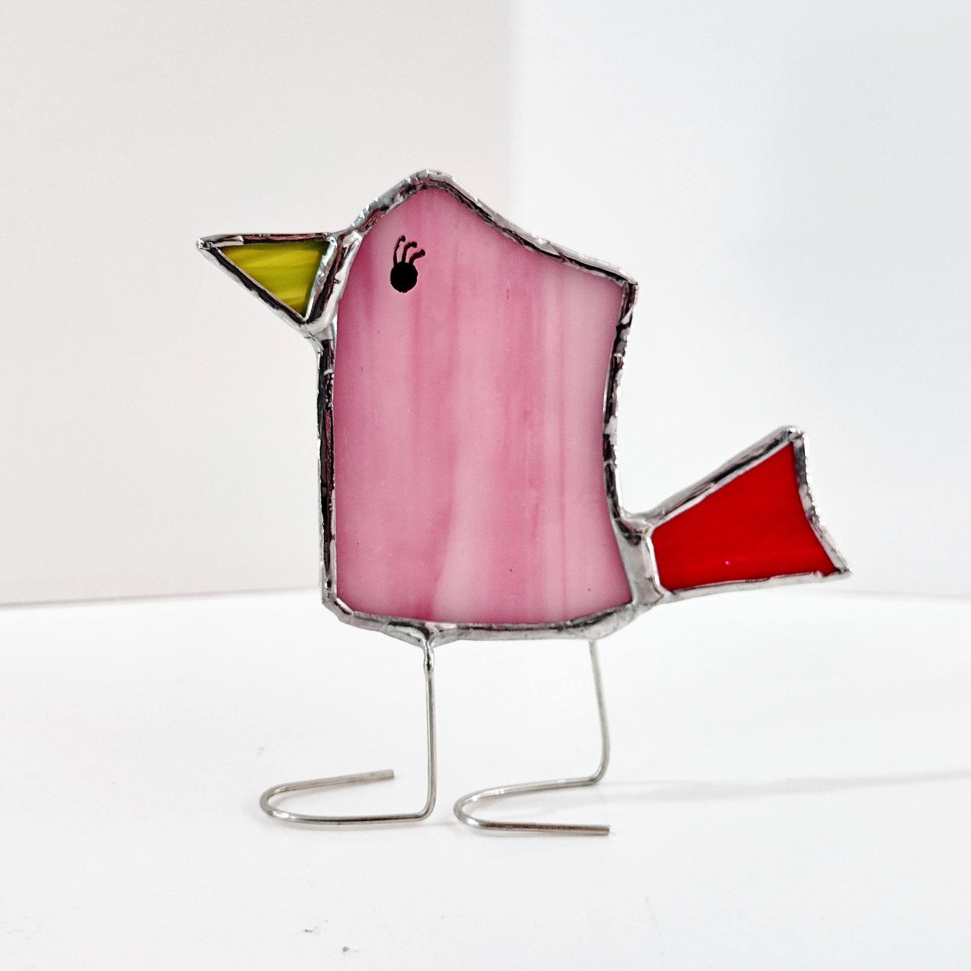 Stained Glass Standing Bird, Funky Glass Bird, Pink and Red Bird Suncatcher, Windowsill Free Standing Bird