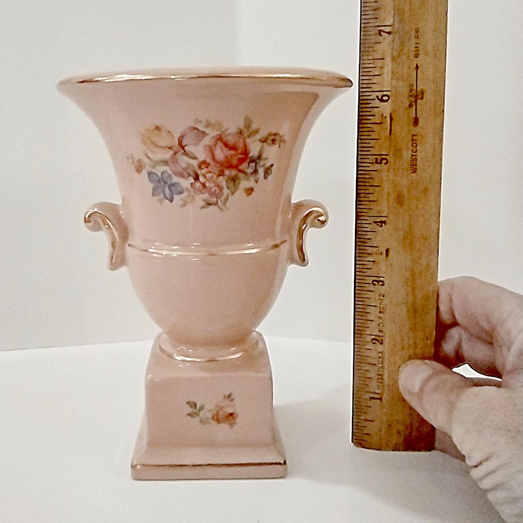 Vintage Pink Floral Ceramic Pedestal Vase, Princeton China MCM 1950's Flower Planter Pot