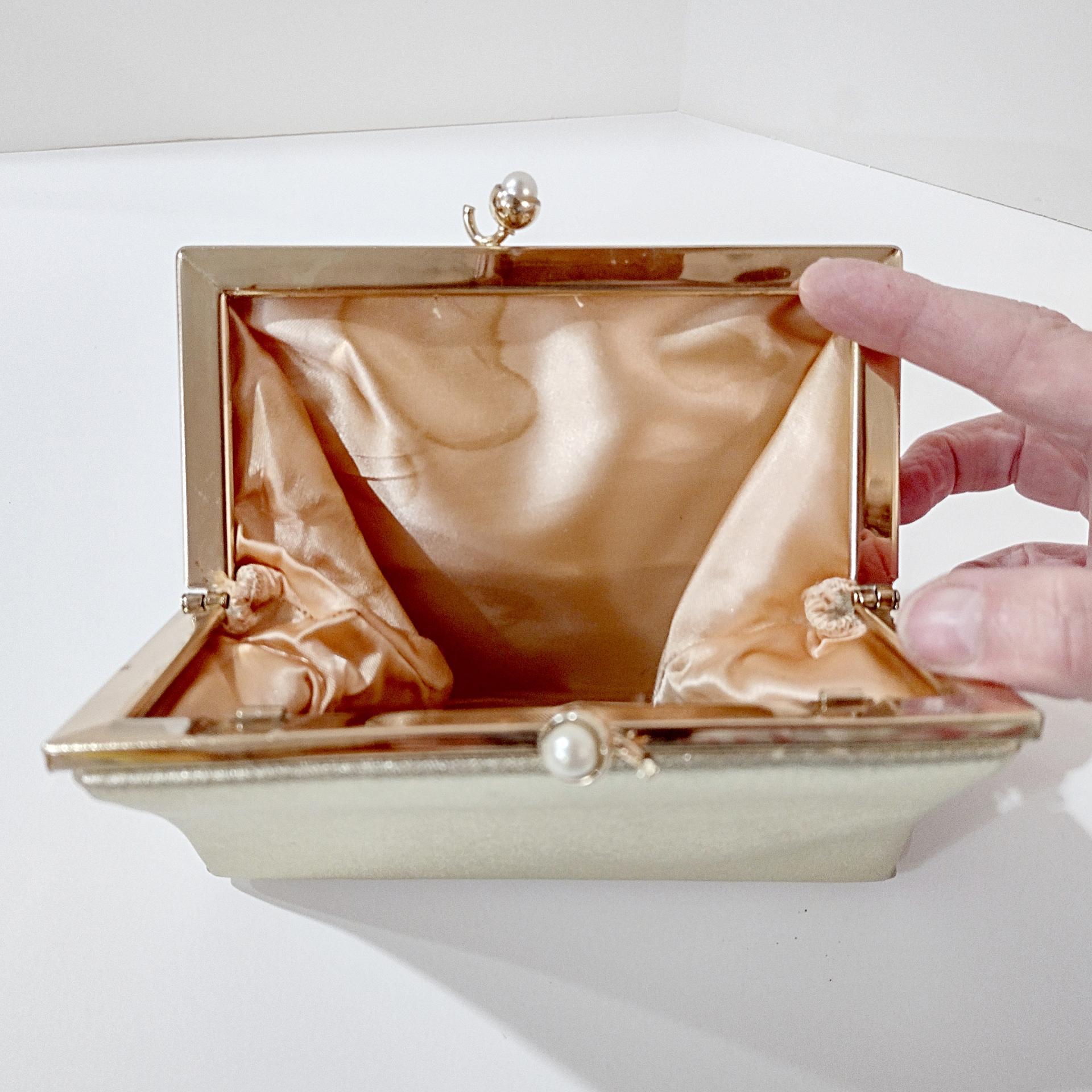 Vintage Bobbie Jerome Gold Metallic Evening Clutch Purse with Chain Handle and Pearl Clasp, 1950's-60's Formal Purse