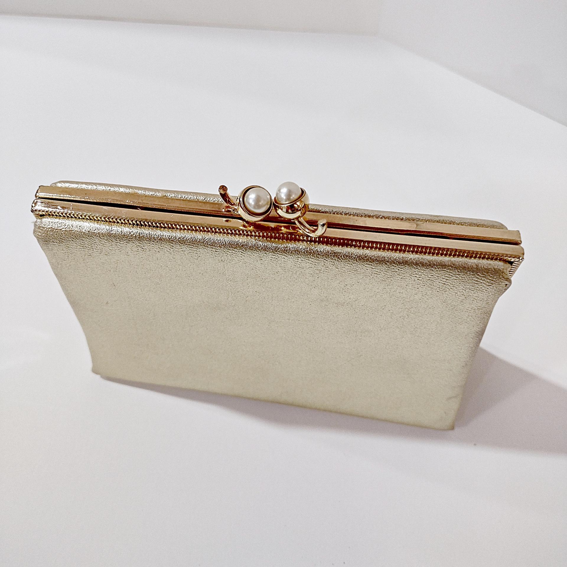 Vintage Bobbie Jerome Gold Metallic Evening Clutch Purse with Chain Handle and Pearl Clasp, 1950's-60's Formal Purse