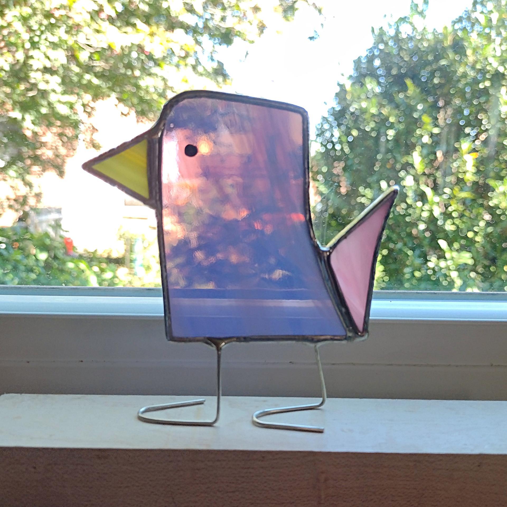 Stained Glass Standing Bird, Funky Glass Bird, Purple and Pink Bird Suncatcher, Windowsill Sitter
