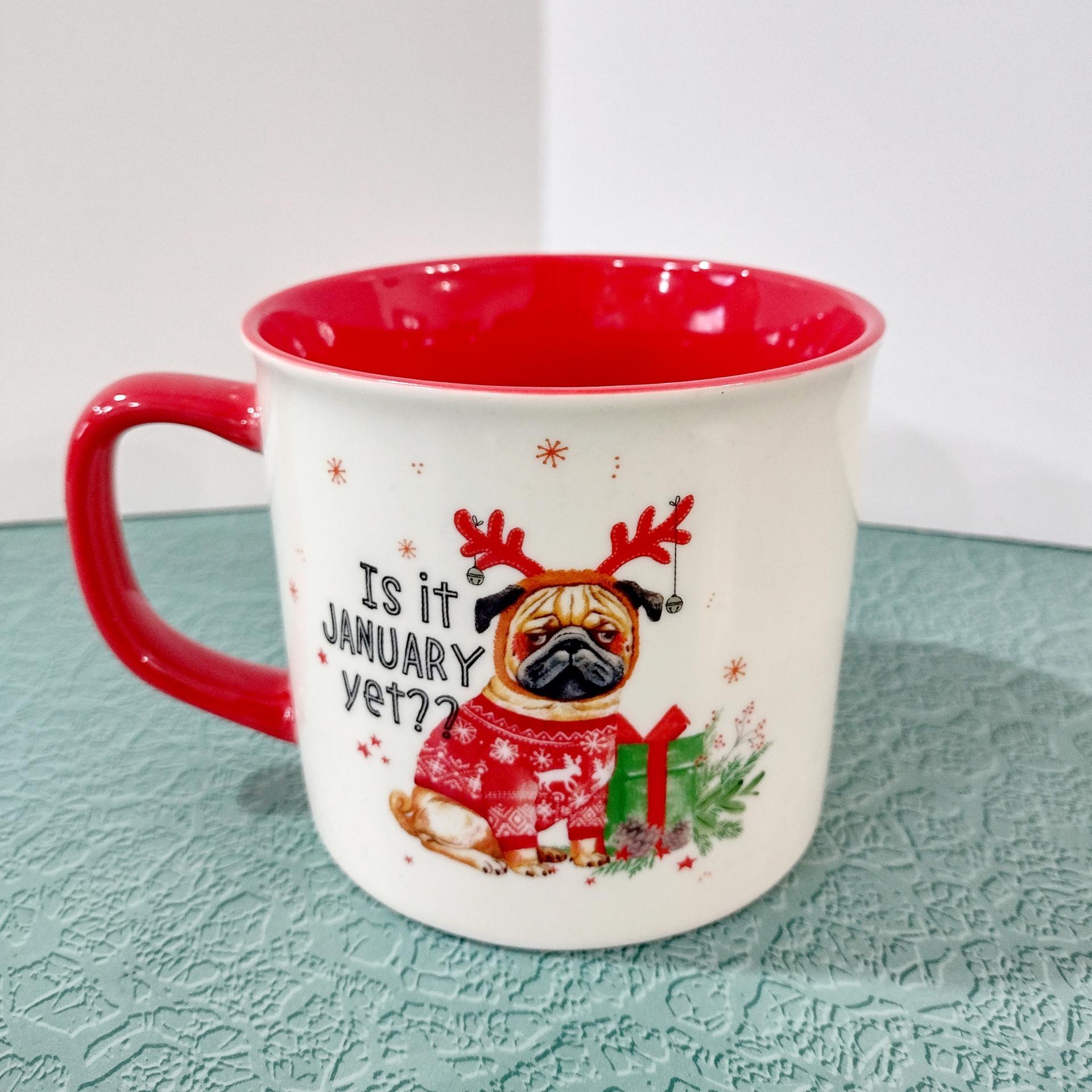 Vintage Christmas Pug Dog Is It January Yet Holiday Ceramic Coffee Tea Mug