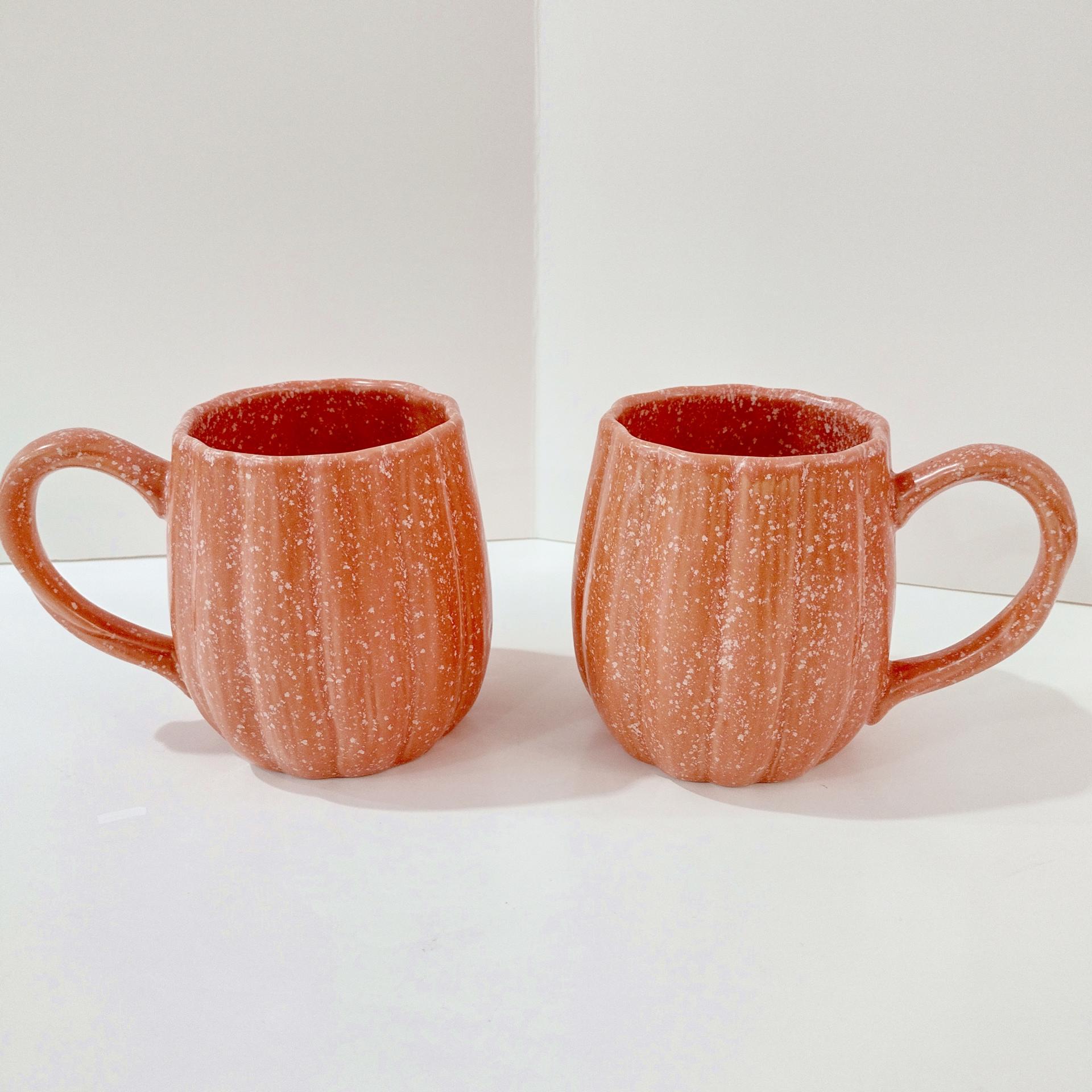 Vintage Pumpkin Gourd Shaped Ceramic Coffee Mugs, Set of Two, Potters Studio Oversized Stoneware Mugs