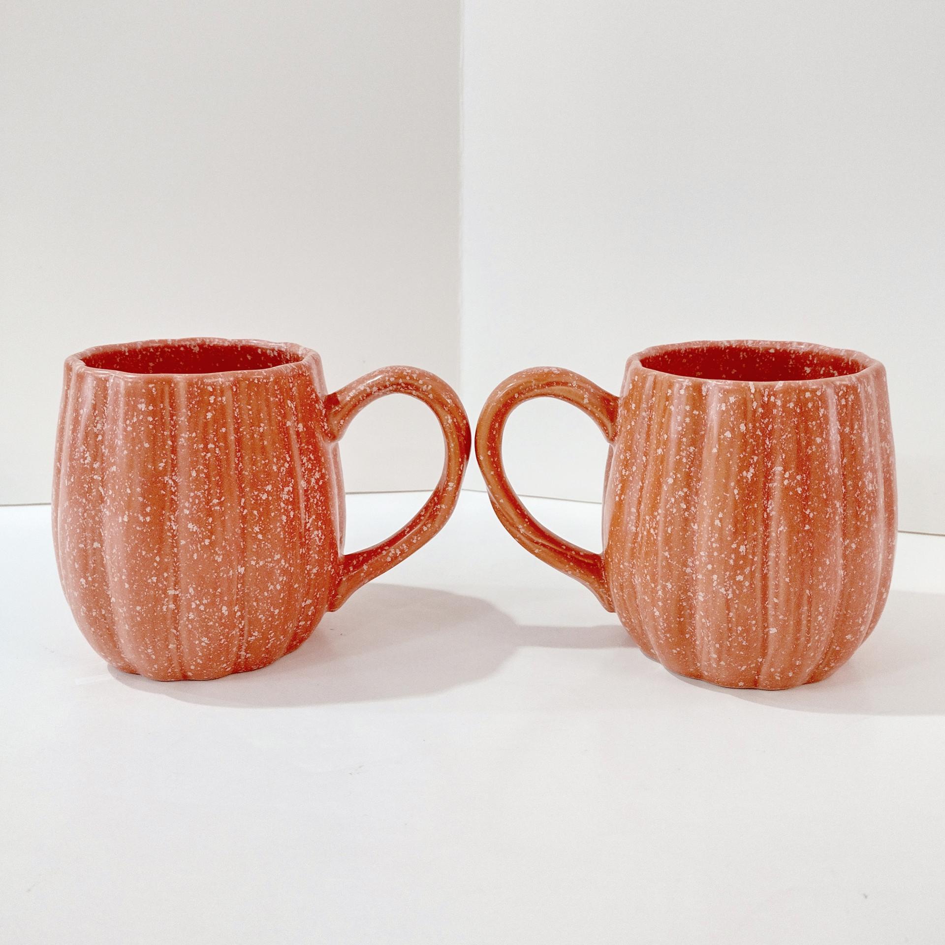 Vintage Pumpkin Gourd Shaped Ceramic Coffee Mugs, Set of Two, Potters Studio Oversized Stoneware Mugs