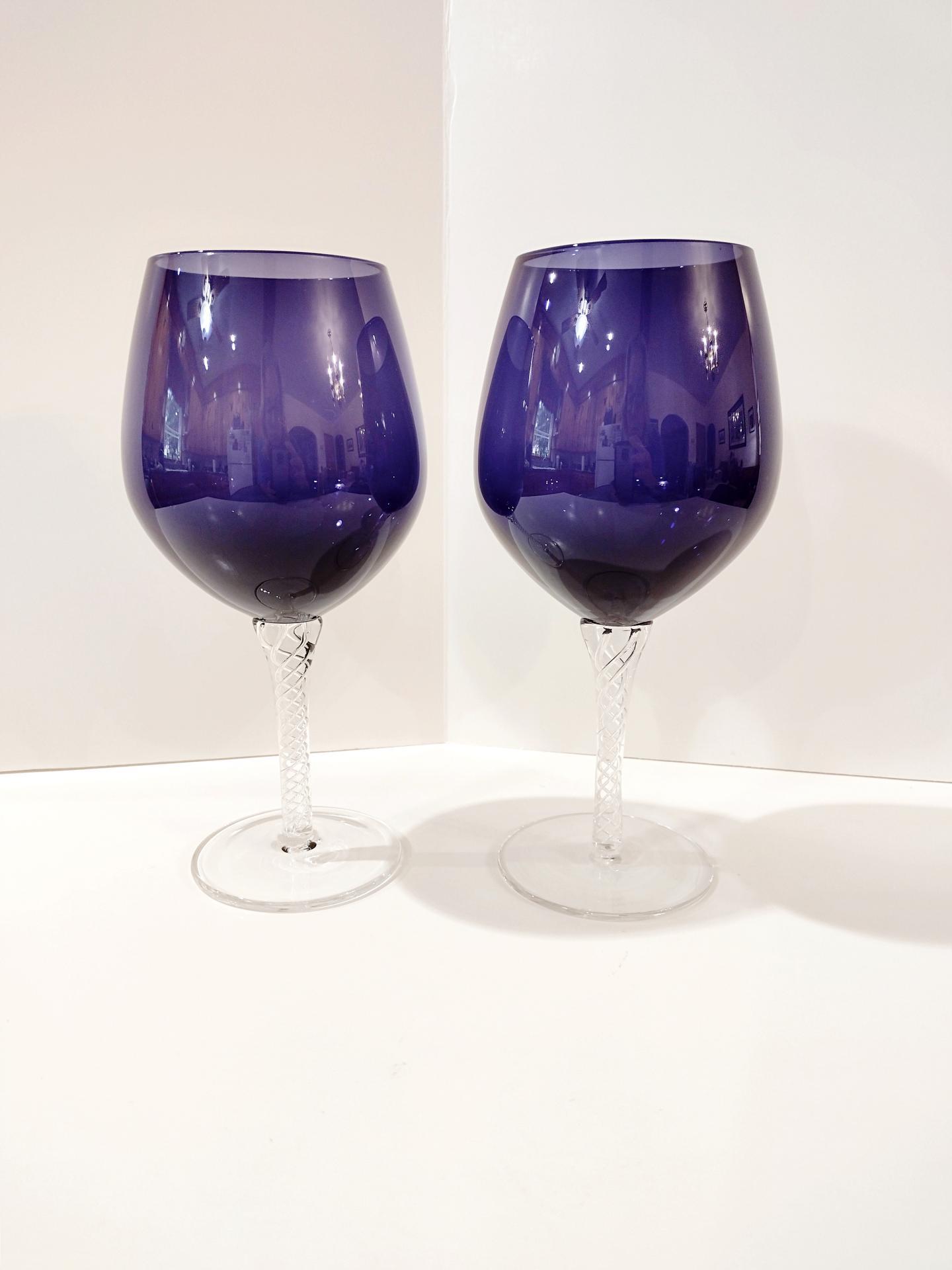 Vintage Purple Balloon Wine Glasses,  Artland Braid Plum Blown Glass Wine / Water Goblets, Set of Two