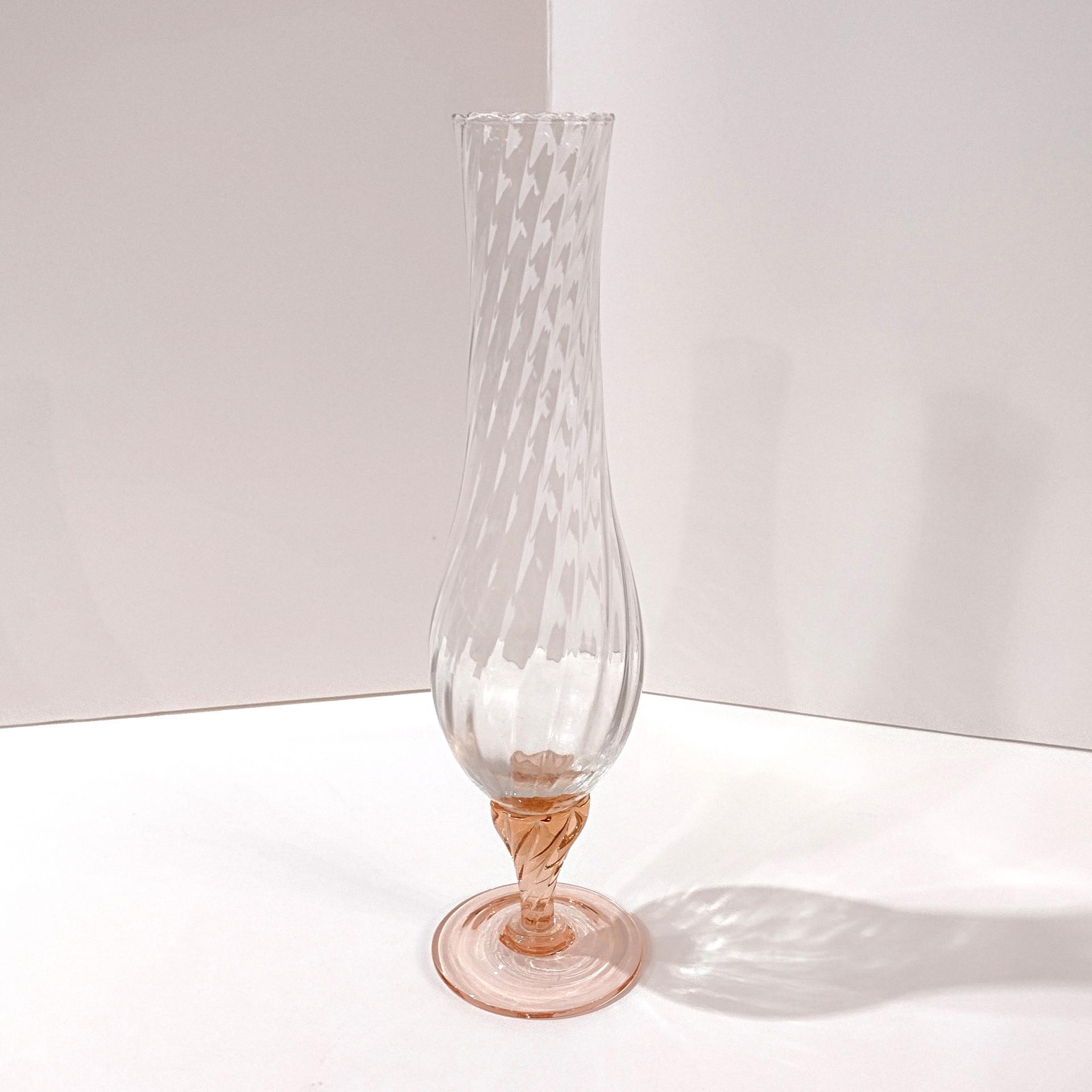 Vintage Pink and Clear Swirled Hand Blown Glass Flower Bud Vase