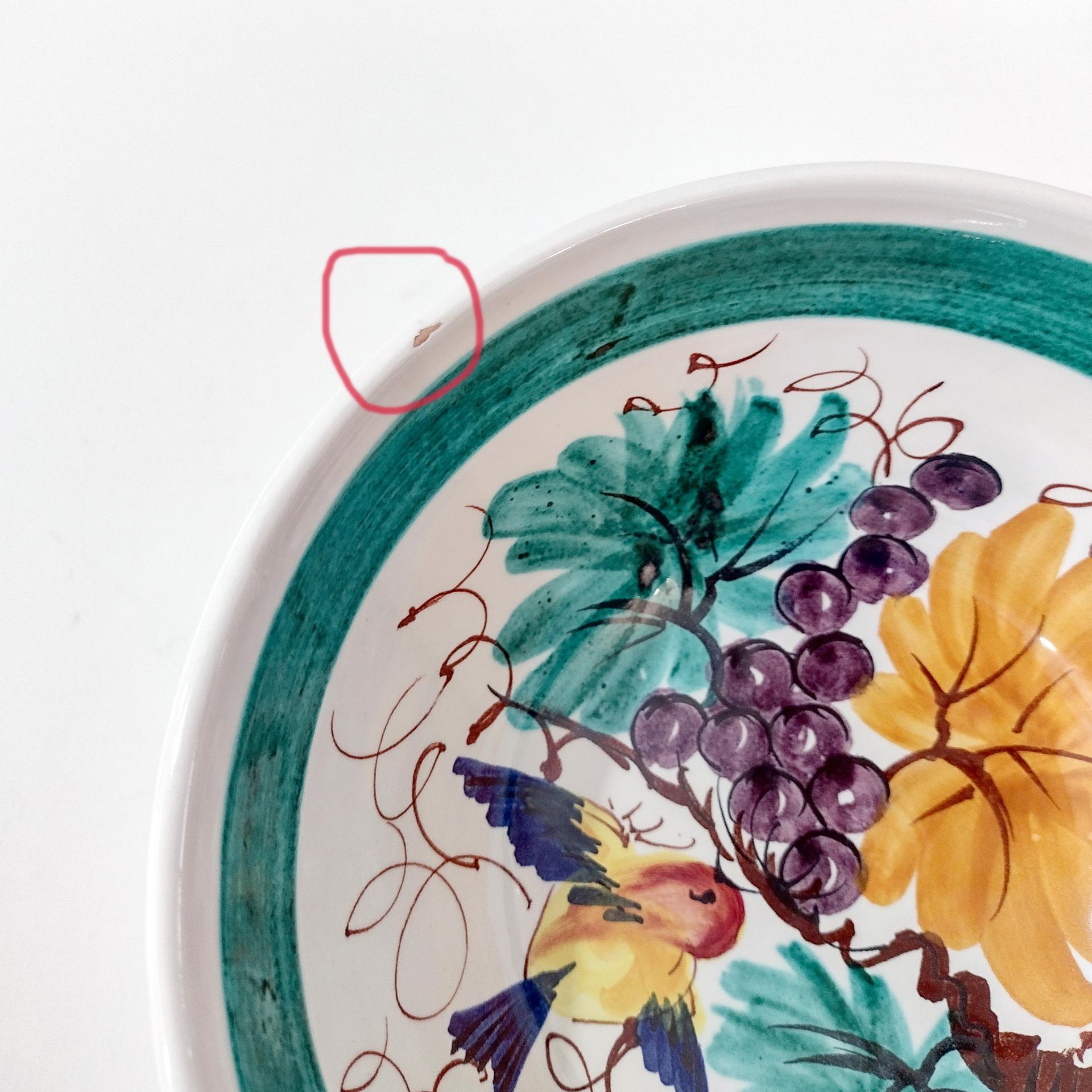 Vintage Hand Painted Italian Majolica Footed Ceramic Bowl with Bird, Grapes, and Floral Design, PV Peasant Village Italy Pottery