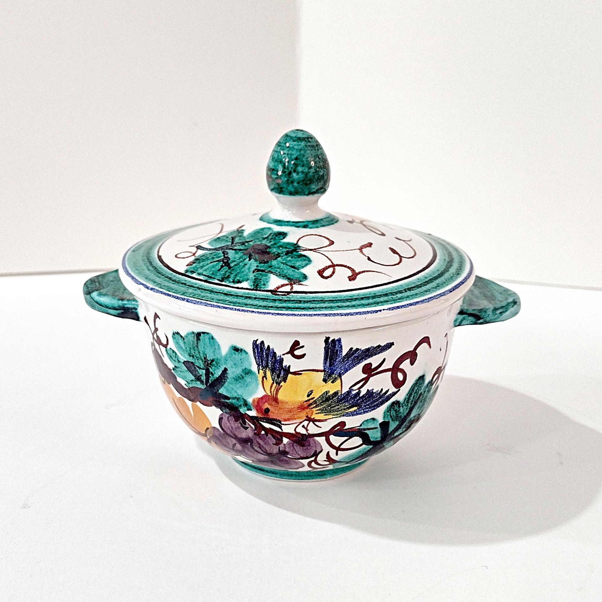 Vintage Hand Painted Italian Majolica Ceramic Covered Bowl, Bird, Grapes, and Floral Design, PV Peasant Village Italy Pottery, Sugar Bowl