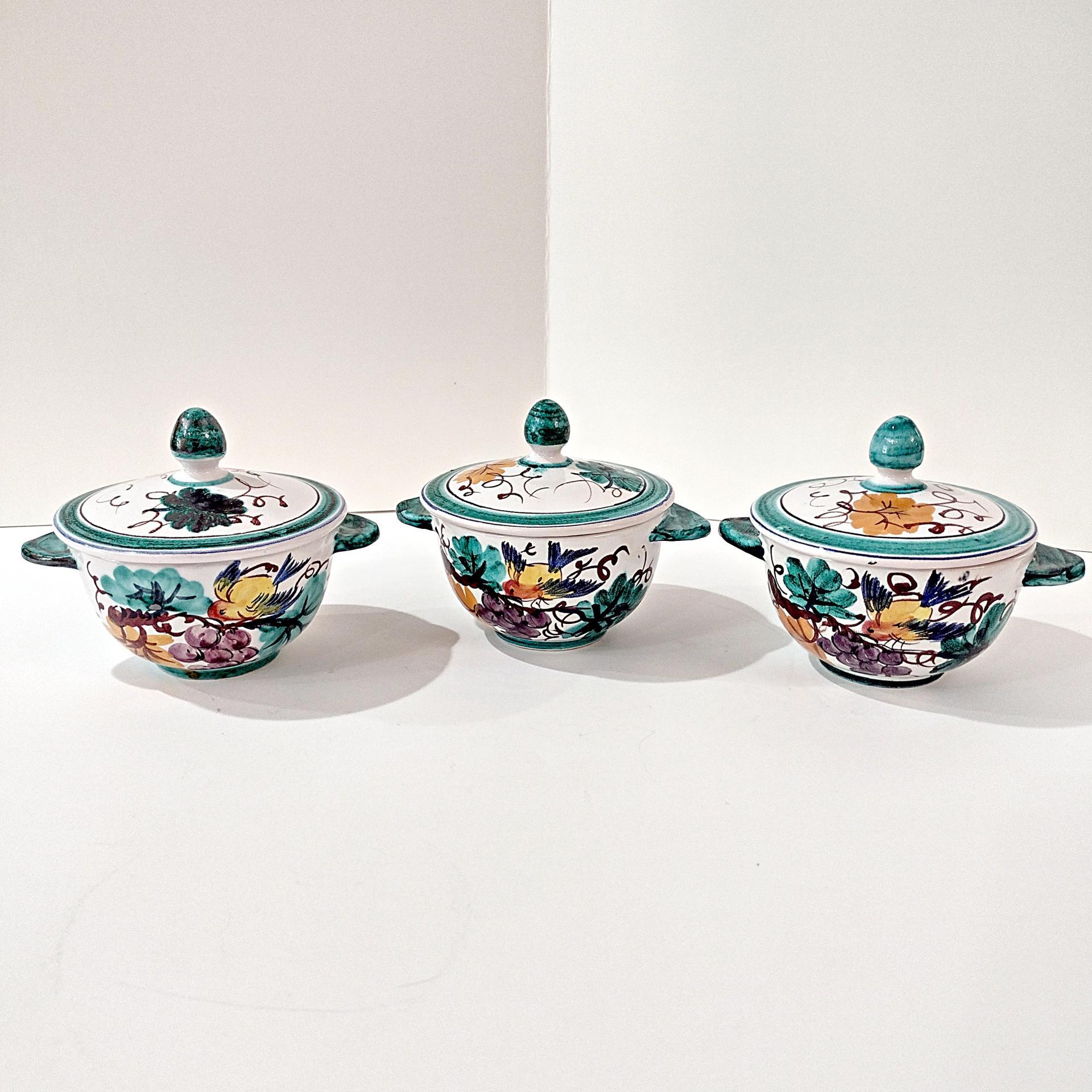 Vintage Hand Painted Italian Majolica Ceramic Covered Bowl, Bird, Grapes, and Floral Design, PV Peasant Village Italy Pottery, Sugar Bowl