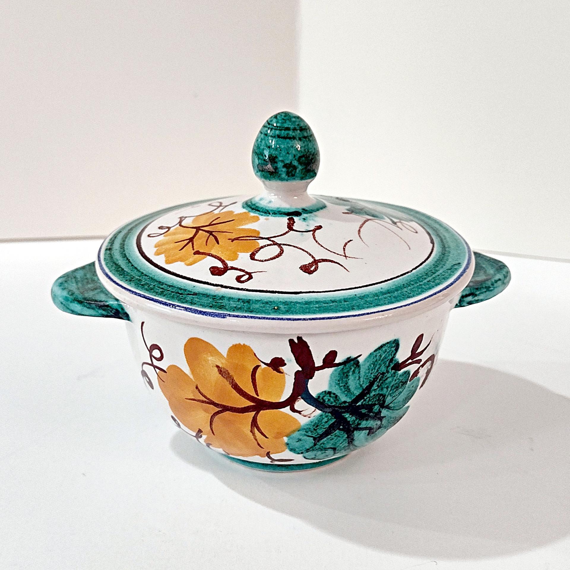 Vintage Hand Painted Italian Majolica Ceramic Covered Bowl, Bird, Grapes, and Floral Design, PV Peasant Village Italy Pottery, Sugar Bowl