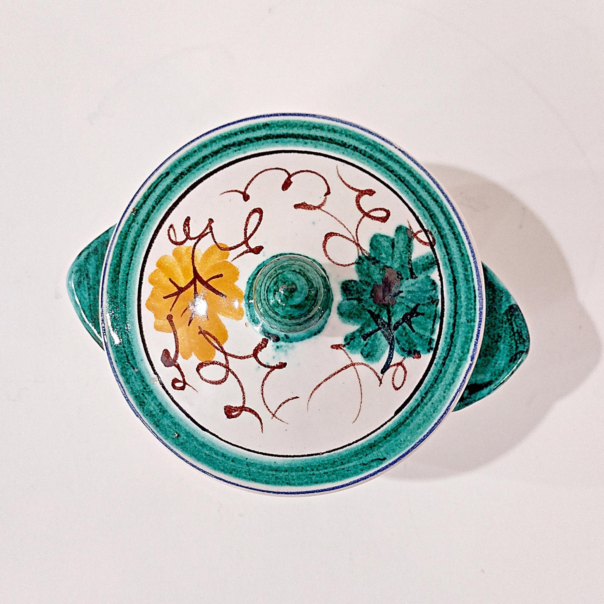 Vintage Hand Painted Italian Majolica Ceramic Covered Bowl, Bird, Grapes, and Floral Design, PV Peasant Village Italy Pottery, Sugar Bowl