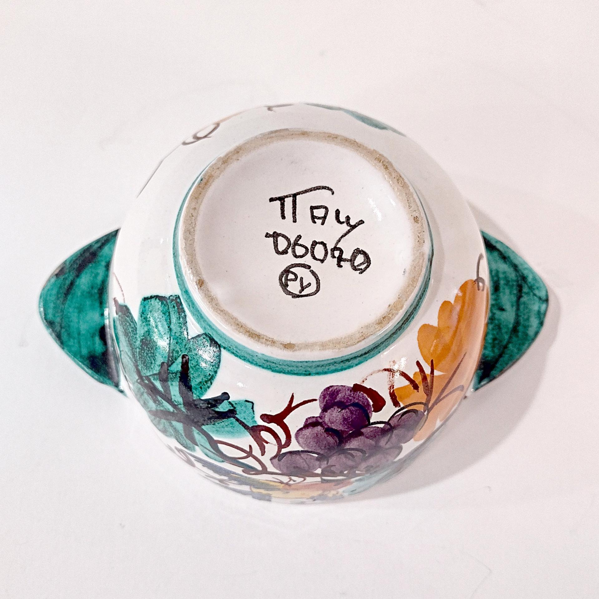 Vintage Hand Painted Italian Majolica Ceramic Covered Bowl, Bird, Grapes, and Floral Design, PV Peasant Village Italy Pottery, Sugar Bowl