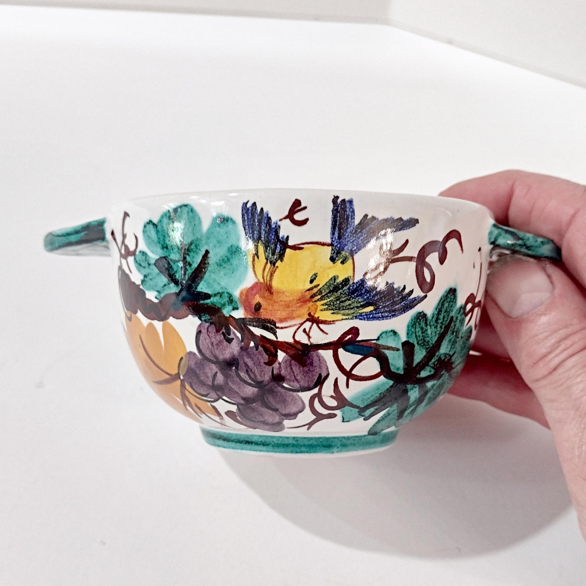 Vintage Hand Painted Italian Majolica Ceramic Covered Bowl, Bird, Grapes, and Floral Design, PV Peasant Village Italy Pottery, Sugar Bowl