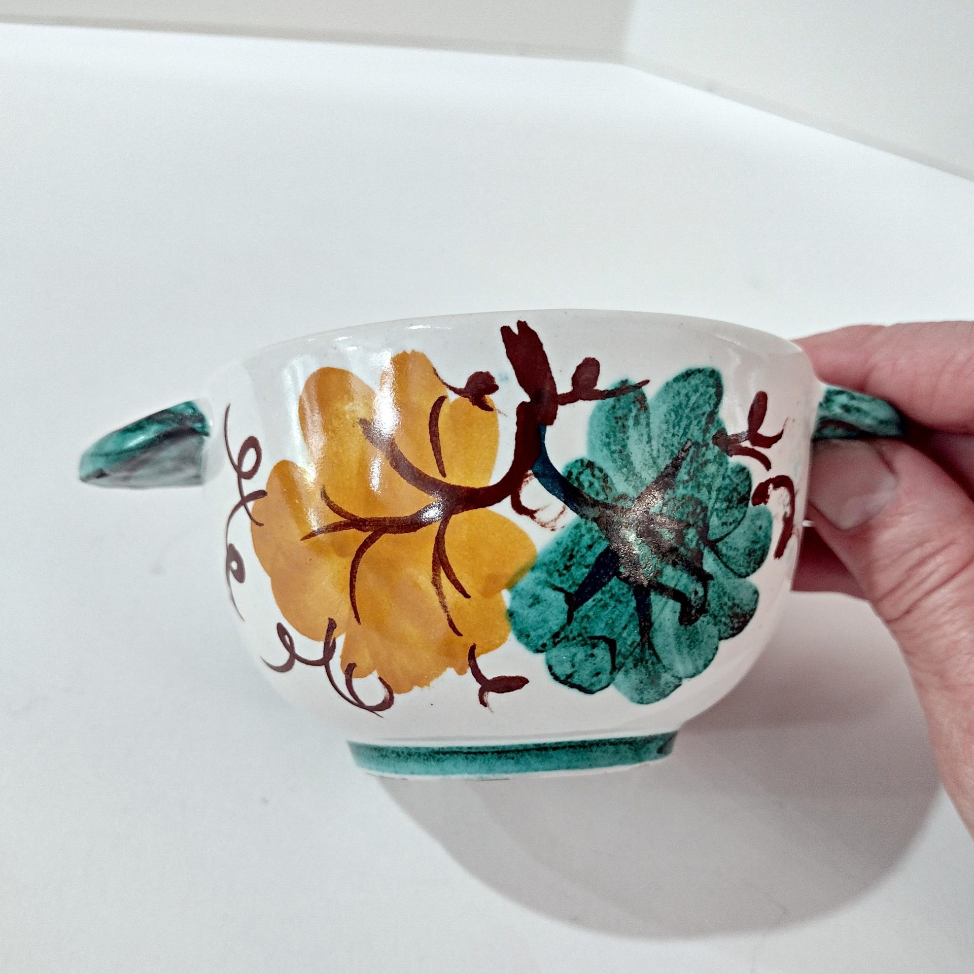 Vintage Hand Painted Italian Majolica Ceramic Covered Bowl, Bird, Grapes, and Floral Design, PV Peasant Village Italy Pottery, Sugar Bowl