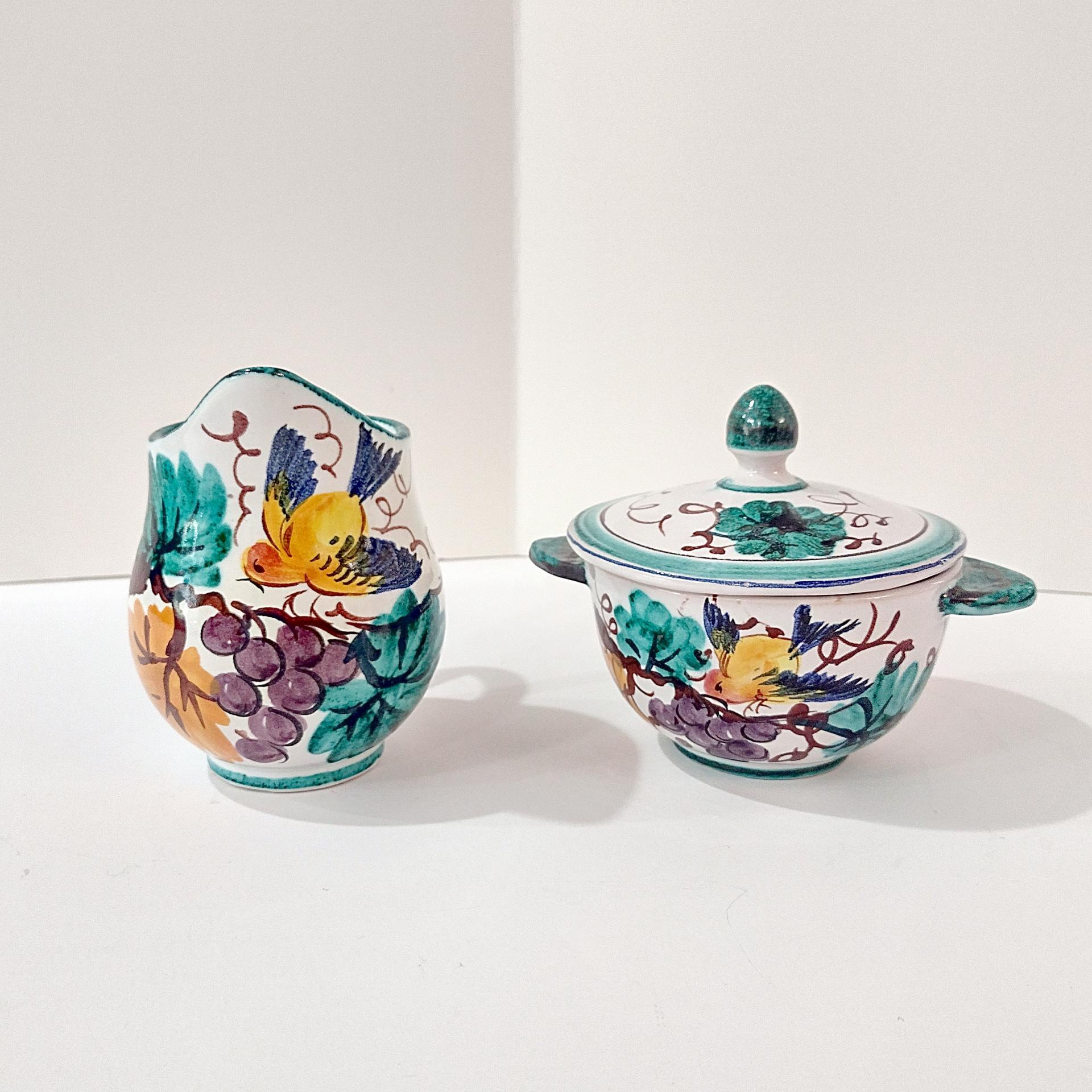 Vintage Hand Painted Italian Majolica Ceramic Covered Sugar and Creamer Pitcher Set, Bird Floral Motif