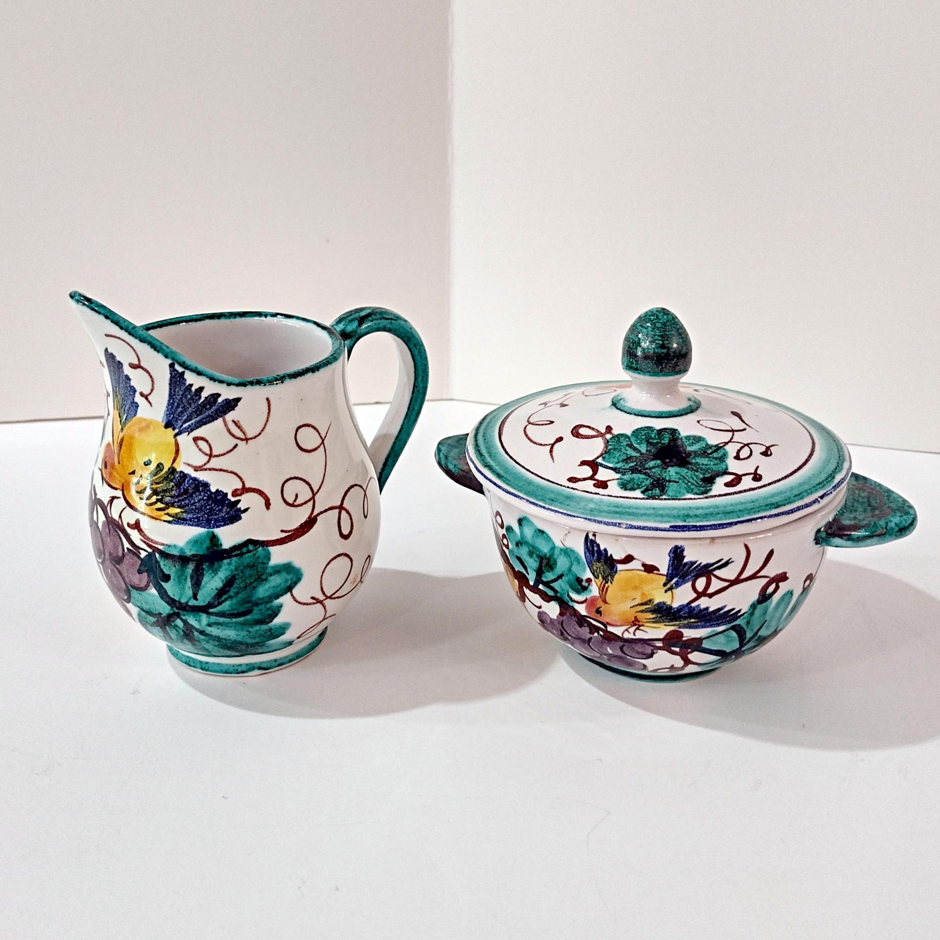 Vintage Hand Painted Italian Majolica Ceramic Covered Sugar and Creamer Pitcher Set, Bird Floral Motif