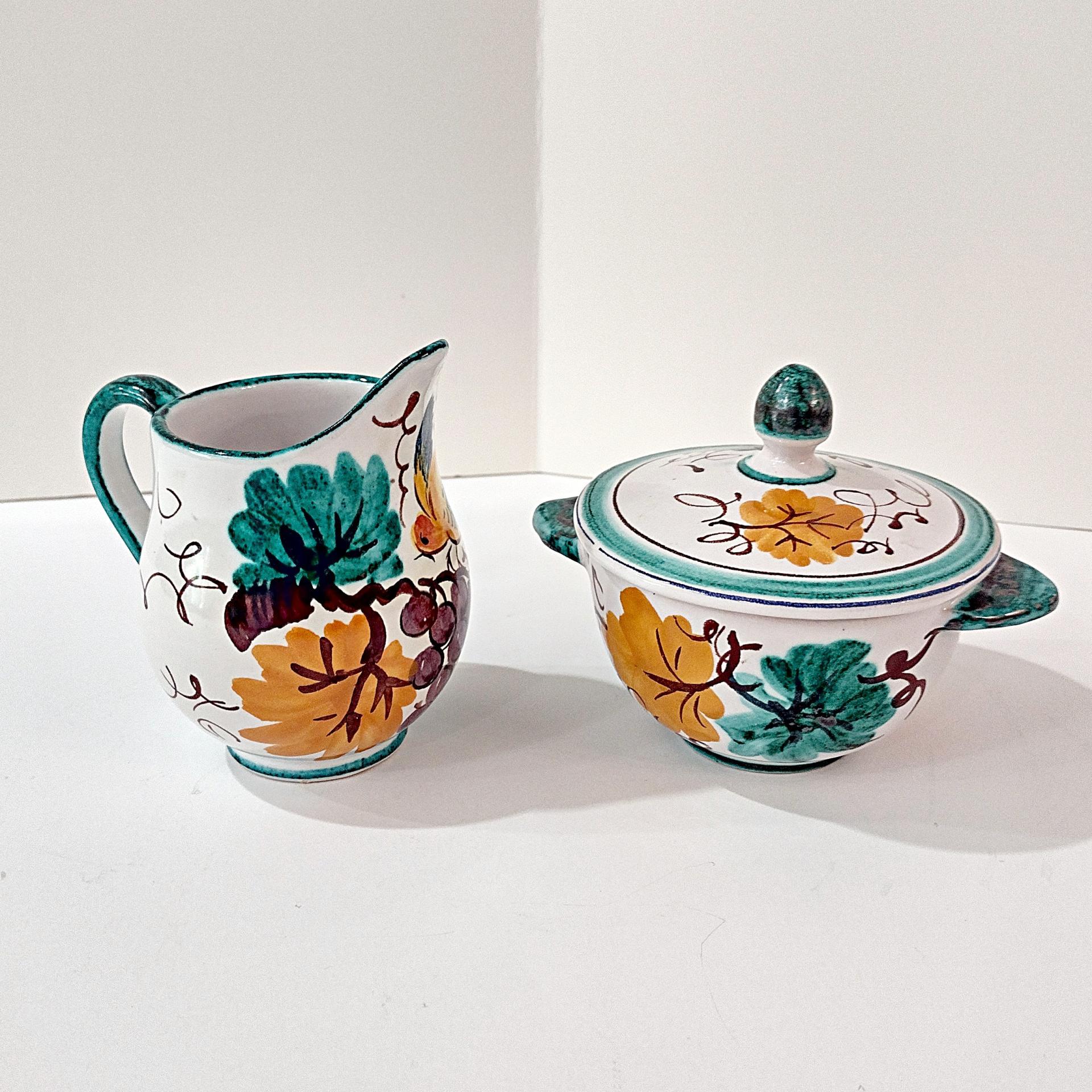 Vintage Hand Painted Italian Majolica Ceramic Covered Sugar and Creamer Pitcher Set, Bird Floral Motif