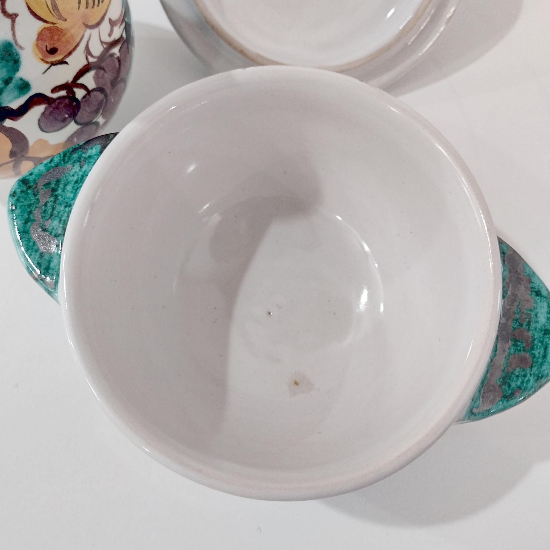 Vintage Hand Painted Italian Majolica Ceramic Covered Sugar and Creamer Pitcher Set, Bird Floral Motif