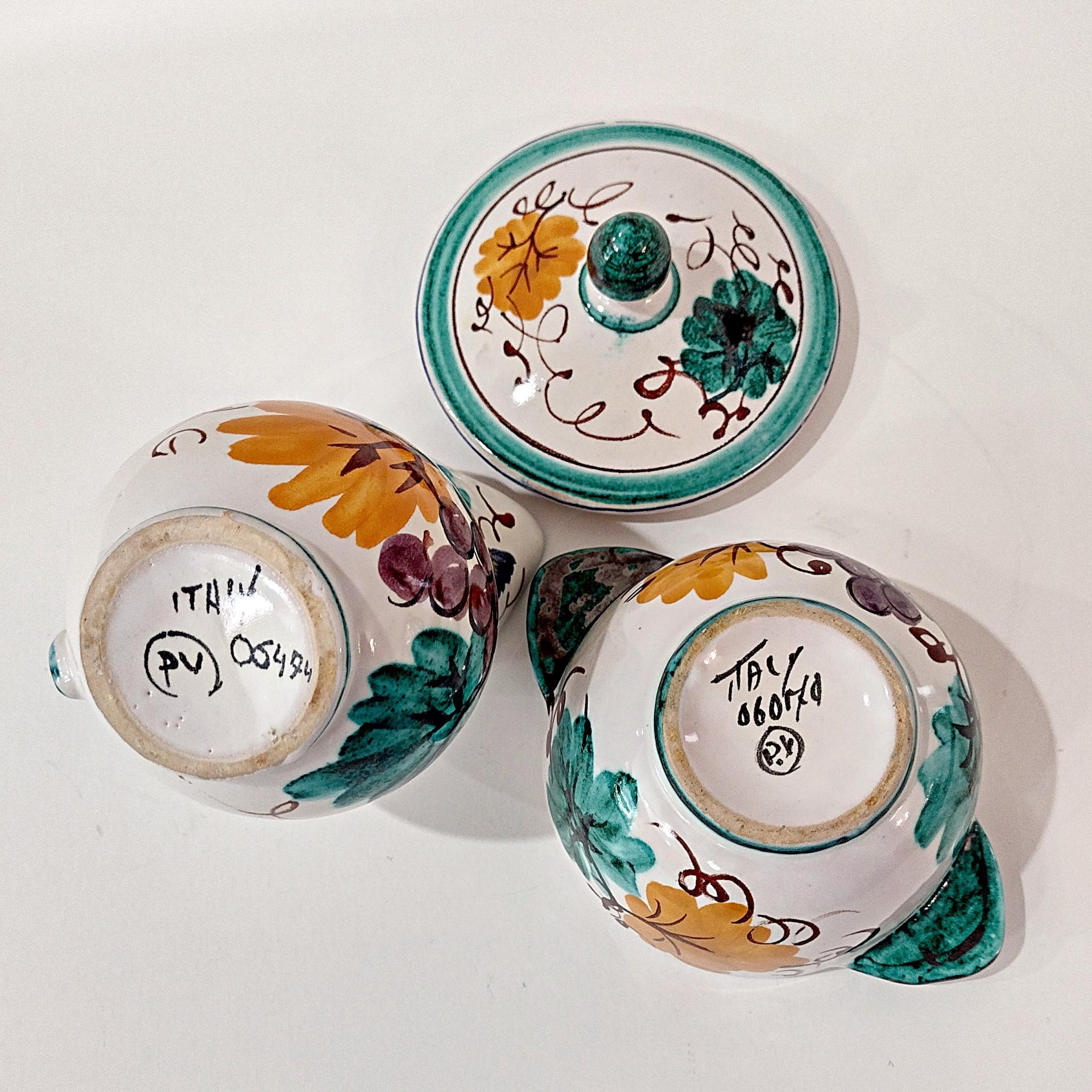 Vintage Hand Painted Italian Majolica Ceramic Covered Sugar and Creamer Pitcher Set, Bird Floral Motif