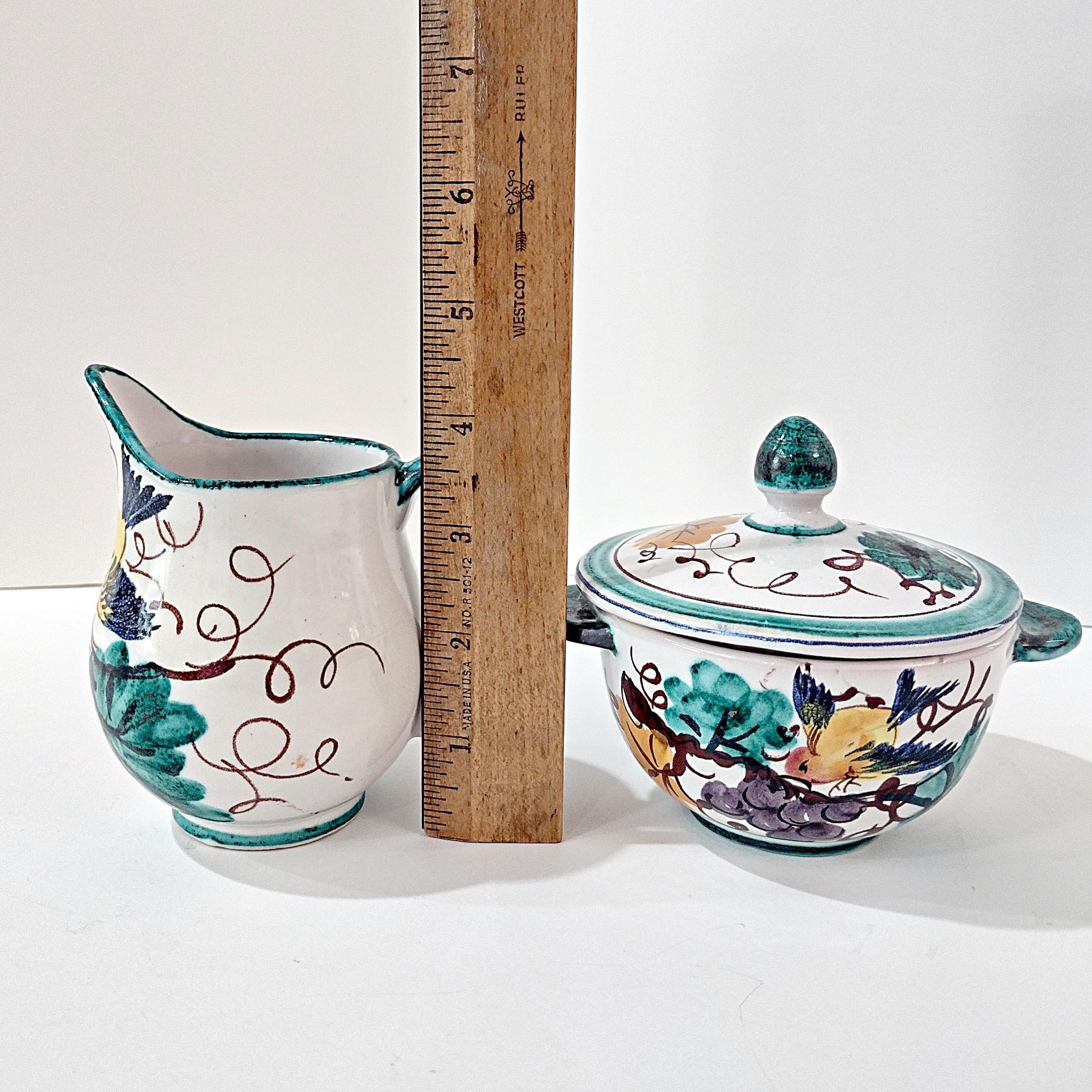 Vintage Hand Painted Italian Majolica Ceramic Covered Sugar and Creamer Pitcher Set, Bird Floral Motif