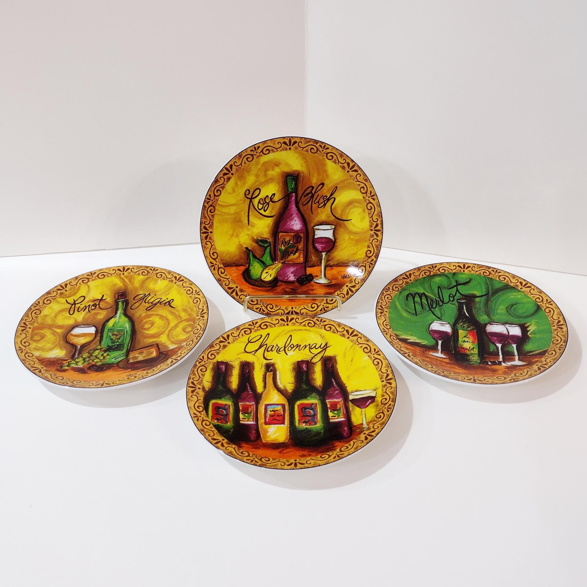 Vintage Pfaltzgraff Wine Tasting Bread and Butter Plates, Set of Four, Old World Style Wine and Cheese Plates