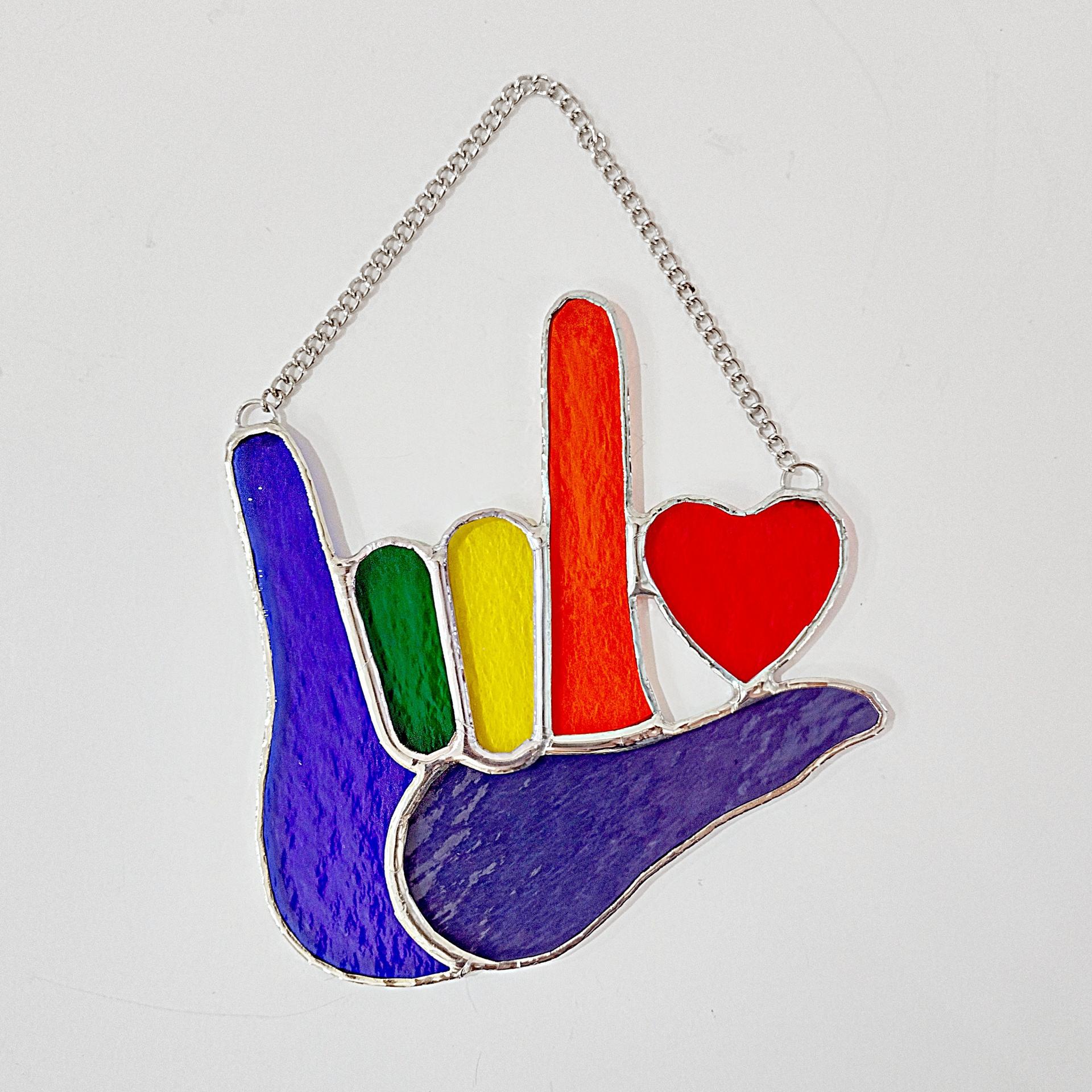 ASL I Love You Stained Glass Suncatcher, Rainbow Glass Hand with Heart, Sign Language Love Deaf Hearing Impaired Gift
