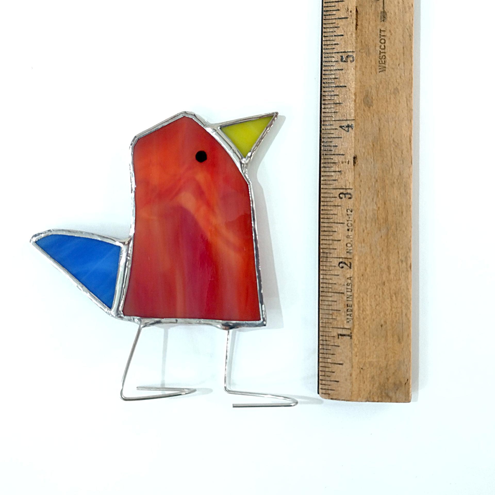 Stained Glass Standing Bird, Funky Glass Bird, Red and Blue Bird Suncatcher, Windowsill Sitter Free Standing Bird