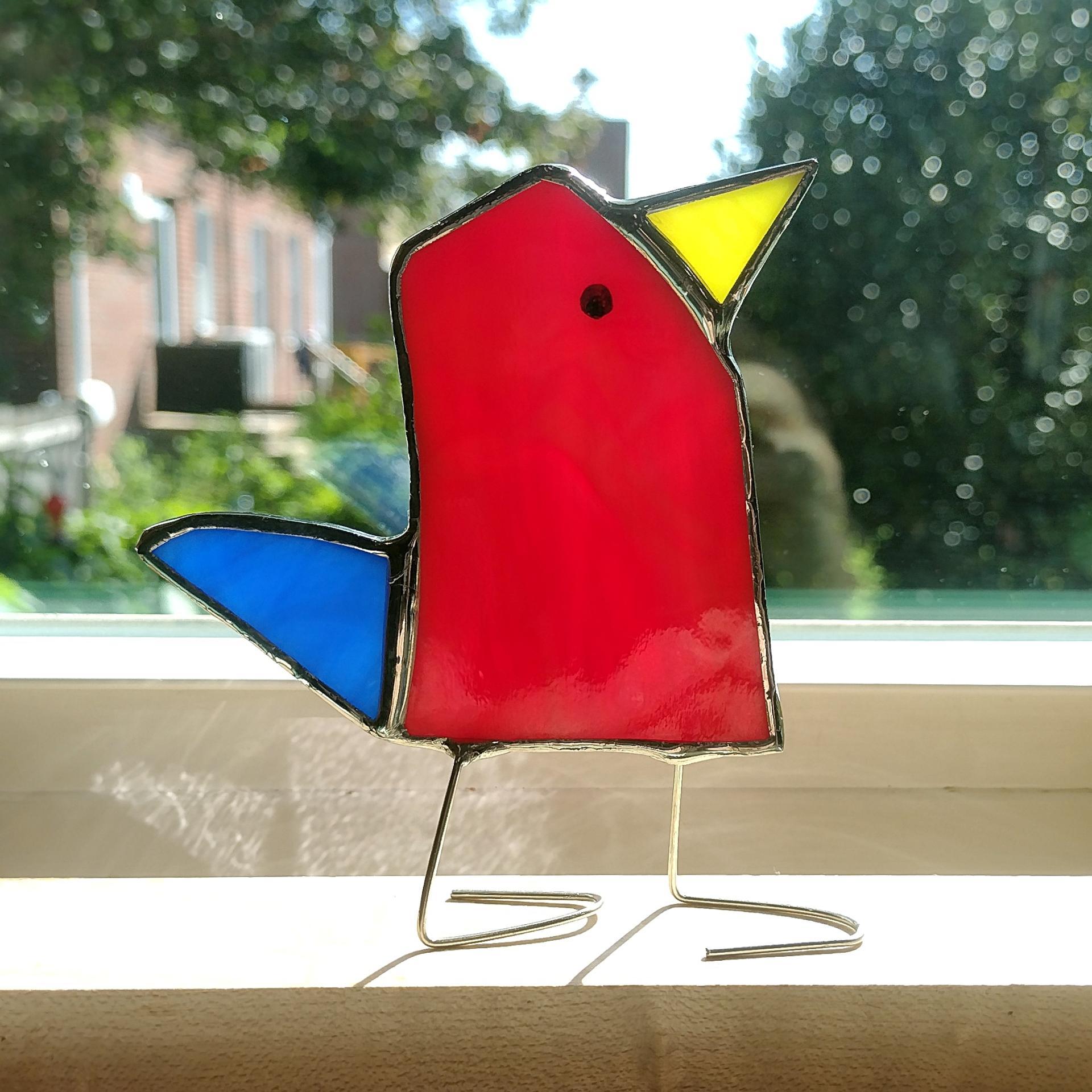Stained Glass Standing Bird, Funky Glass Bird, Red and Blue Bird Suncatcher, Windowsill Sitter Free Standing Bird