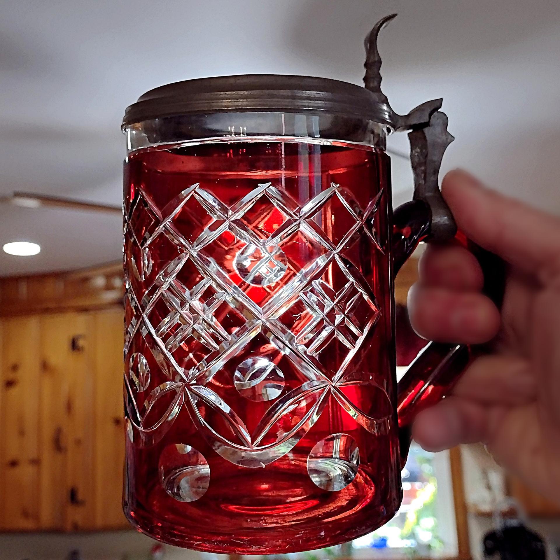 Vintage Czech Bohemian Ruby Red Flashed Cut to Clear Glass Beer Stein with Pewter Hinged Lid
